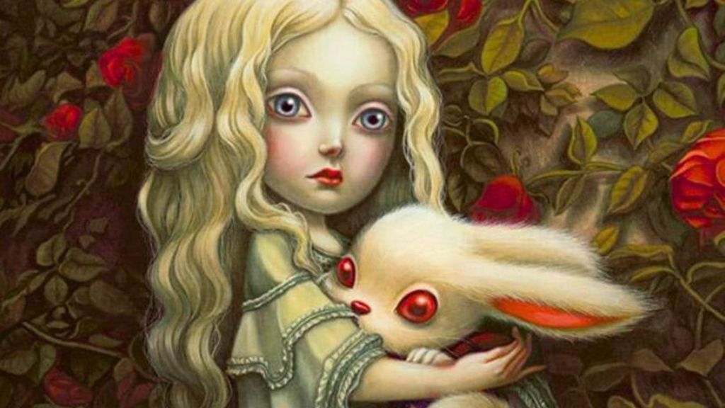 Ilustración del personaje de Alicia agrrando al Conejo Blanco, del ilustrador Benjamin Lacombe en 'Alicia a través del espejo'