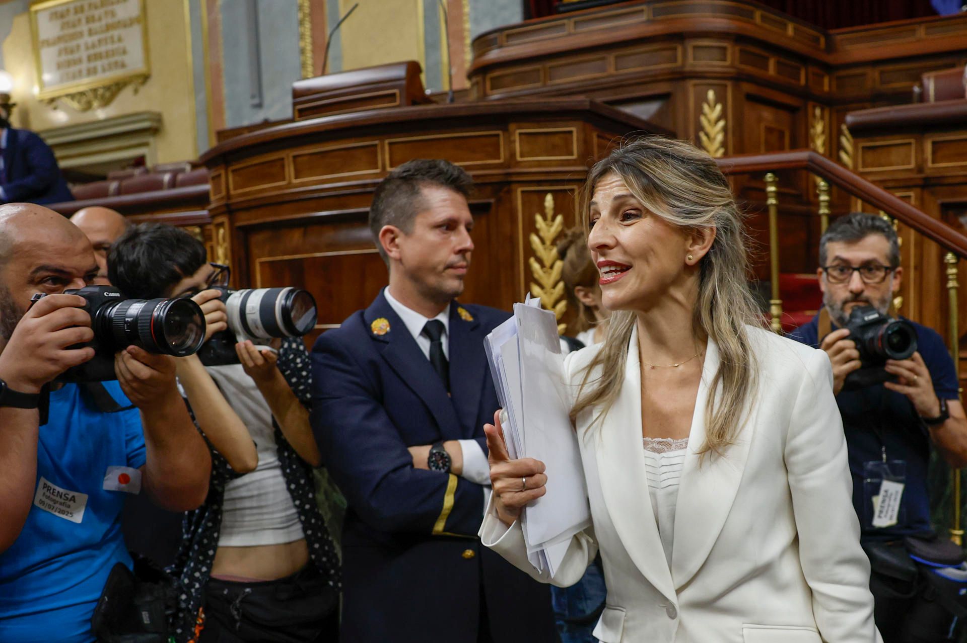 Yolanda Díaz a su llegada al Congreso para dar réplica a Pedro Sánchez.