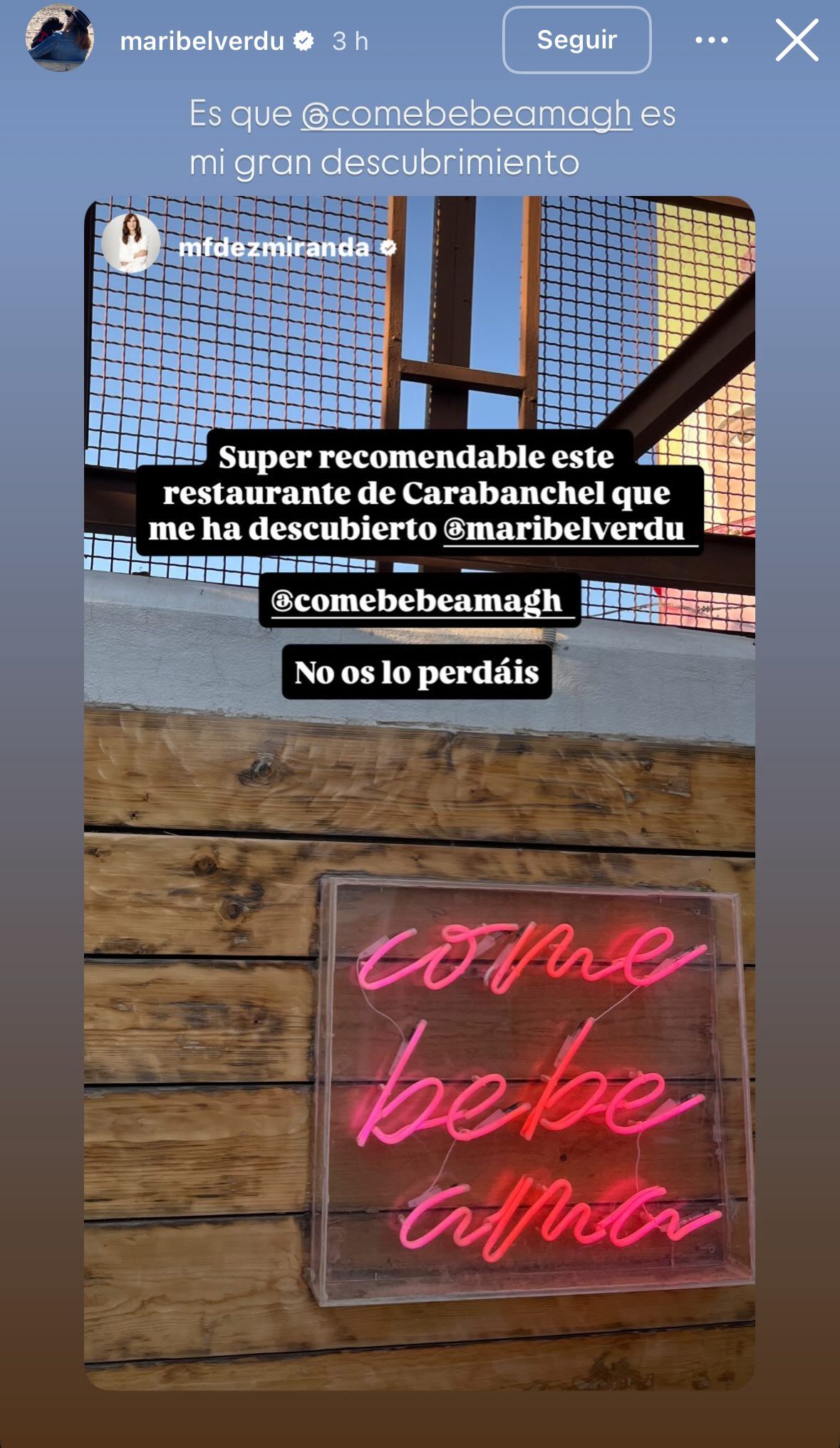 Maribel Verdú recomendando Come bebe ama en Instagram