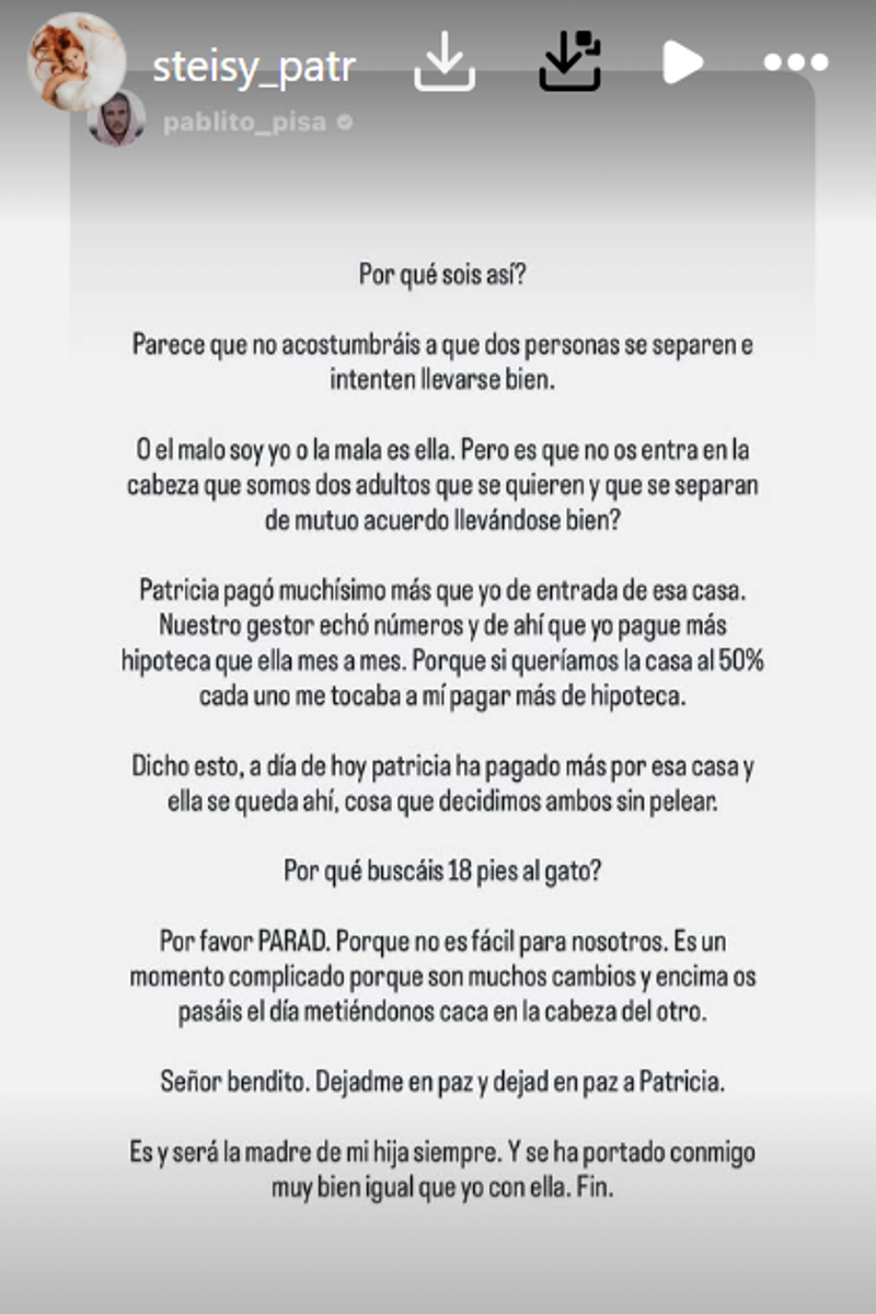 El comunicado que ha emitido Pablo Pisa para defender a Steisy