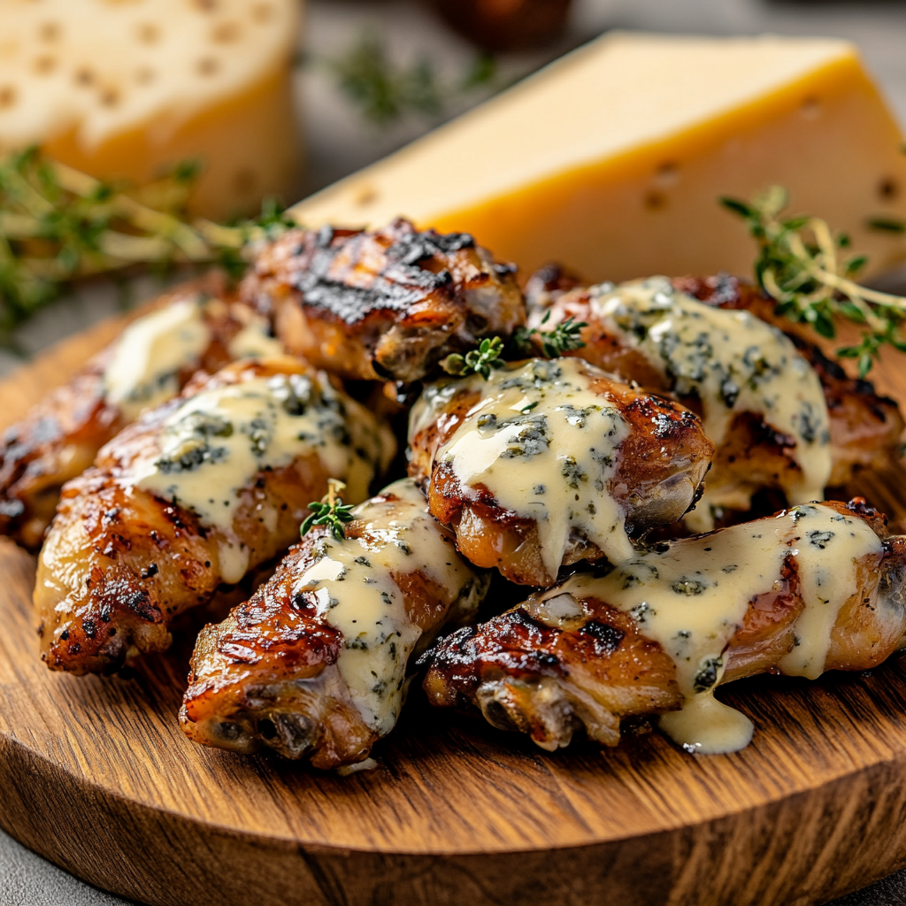 Las alitas de pollo con salsa de gorgonzola y pera