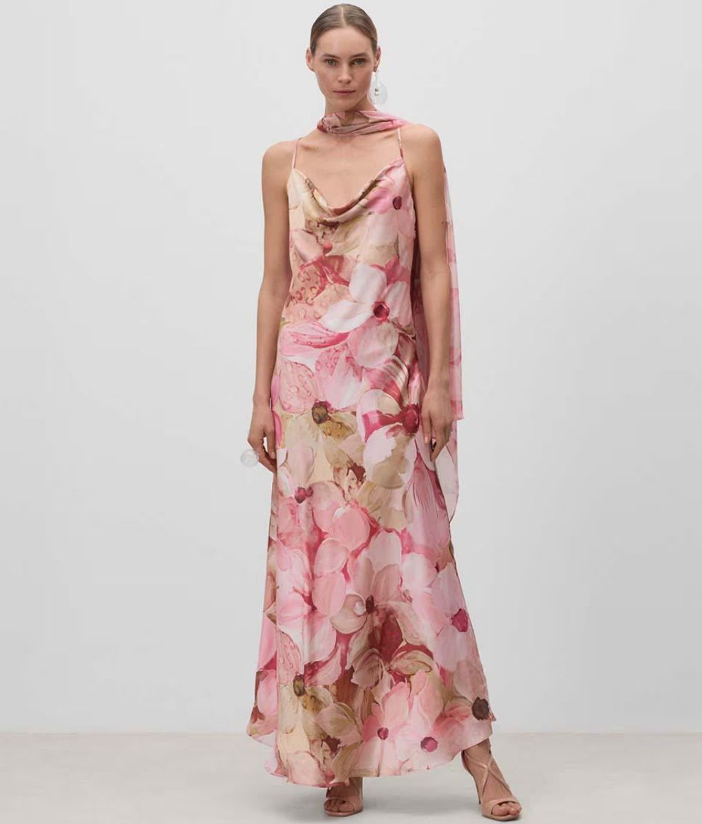 Vestido largo de tirantes con escote drapeado – Simorra