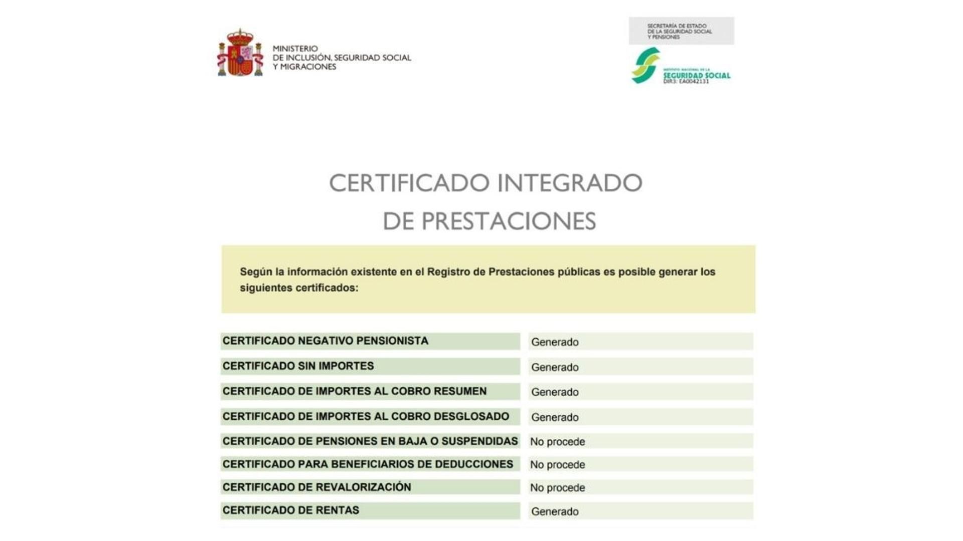 Certificado integral de prestaciones de la Seguridad Social