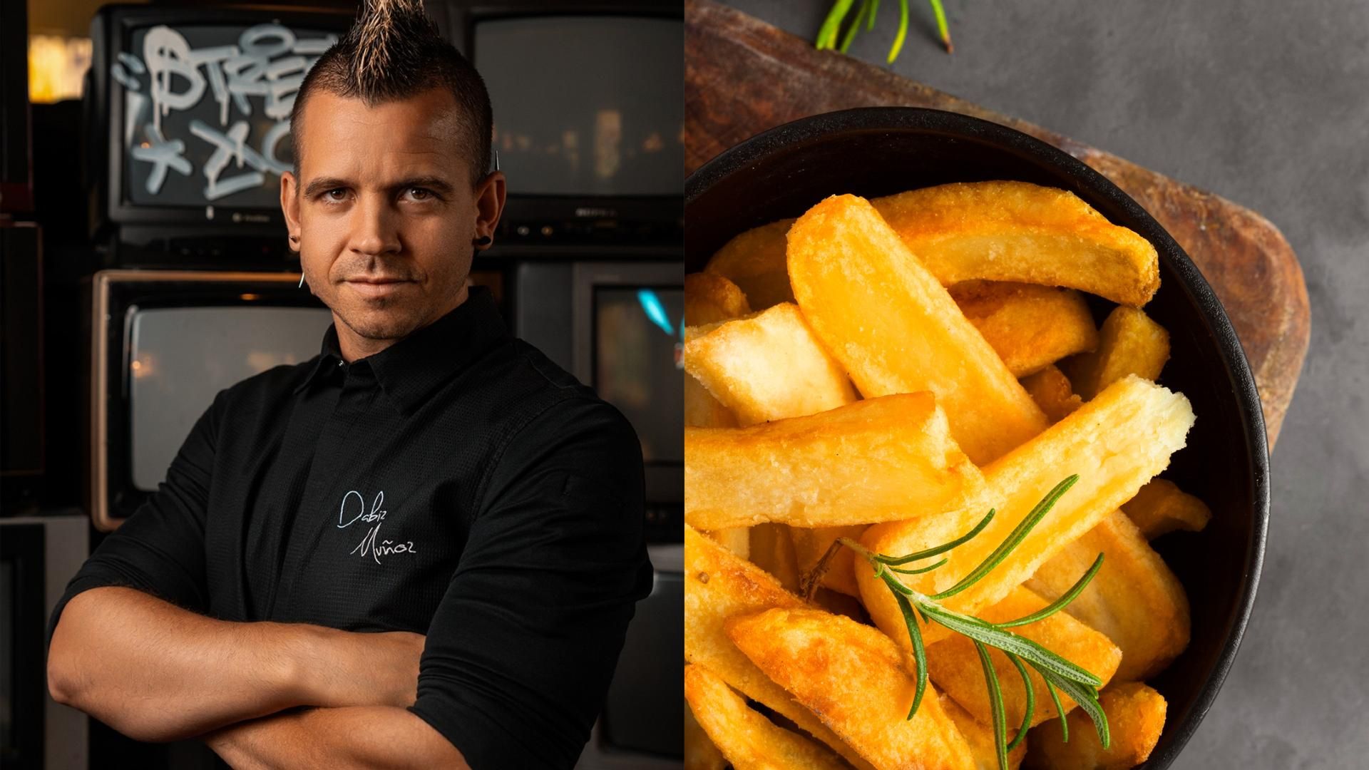 Dabiz Muñoz y patatas fritas, en un montaje de fotos