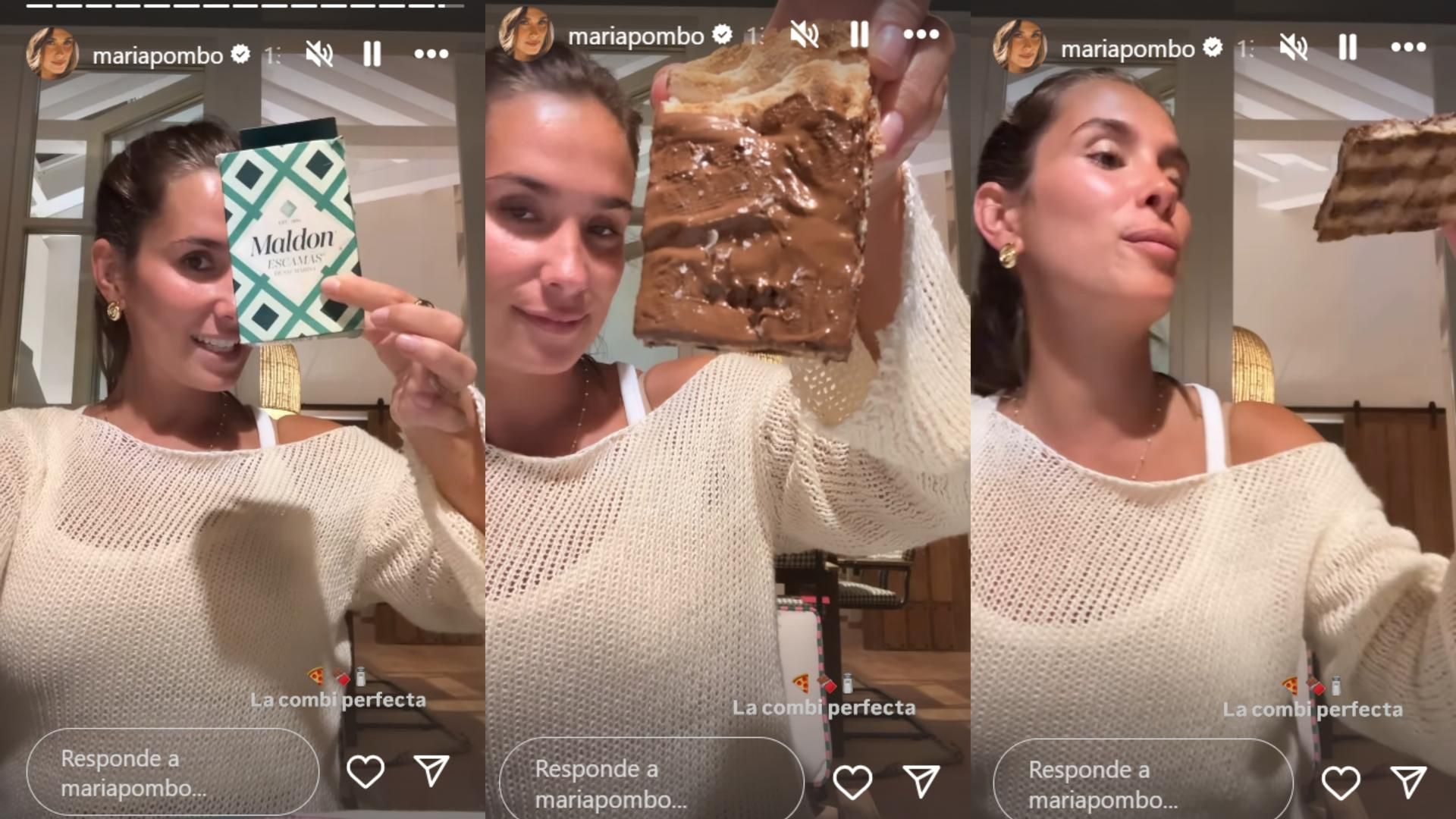 María Pombo y la pizza de chocolate con sal, en un montaje de fotos