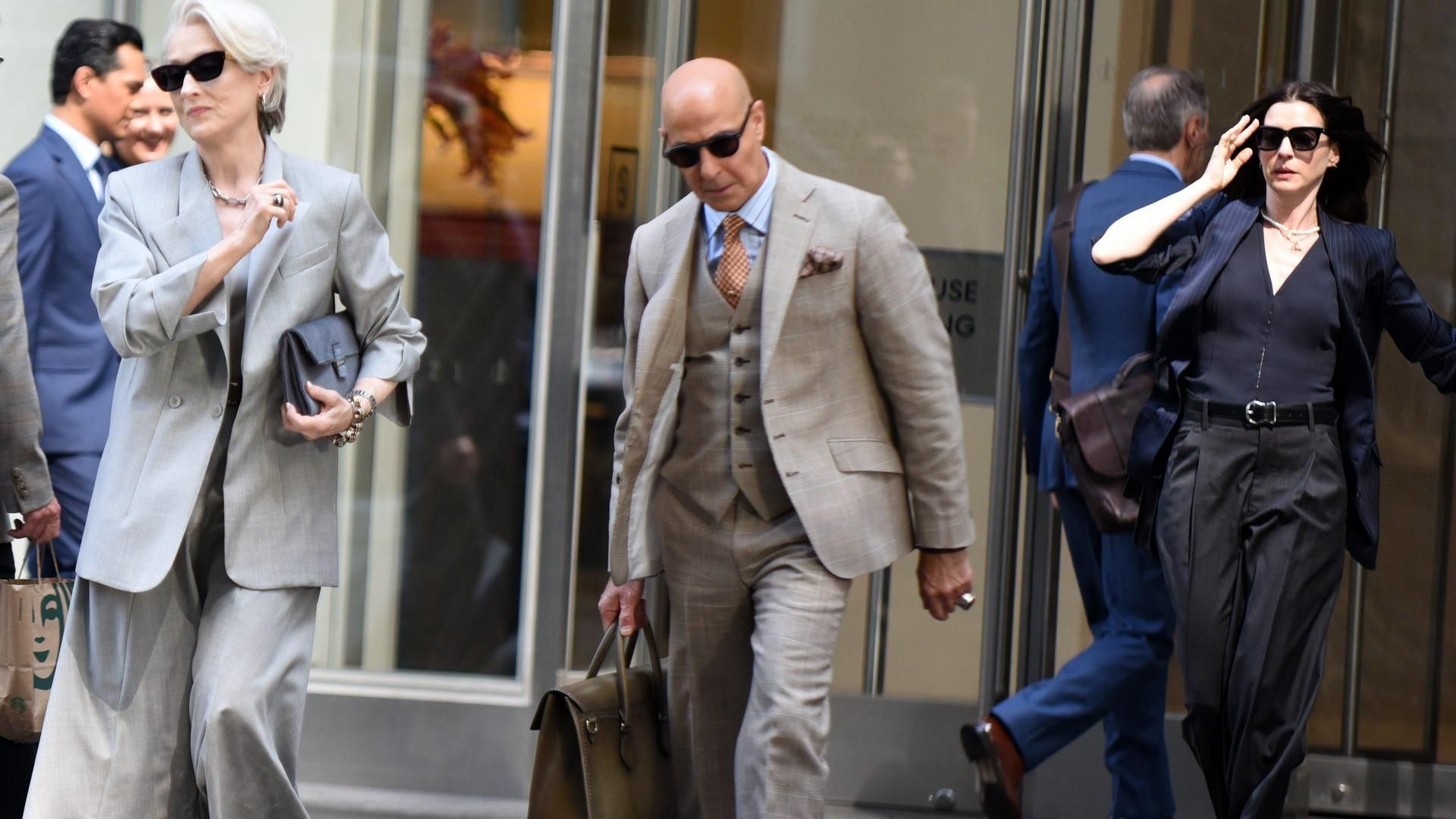 Meryl Streep, Stanley Tucci y Anne Hathaway en el rodaje de 'El diblo viste de Prada 2'