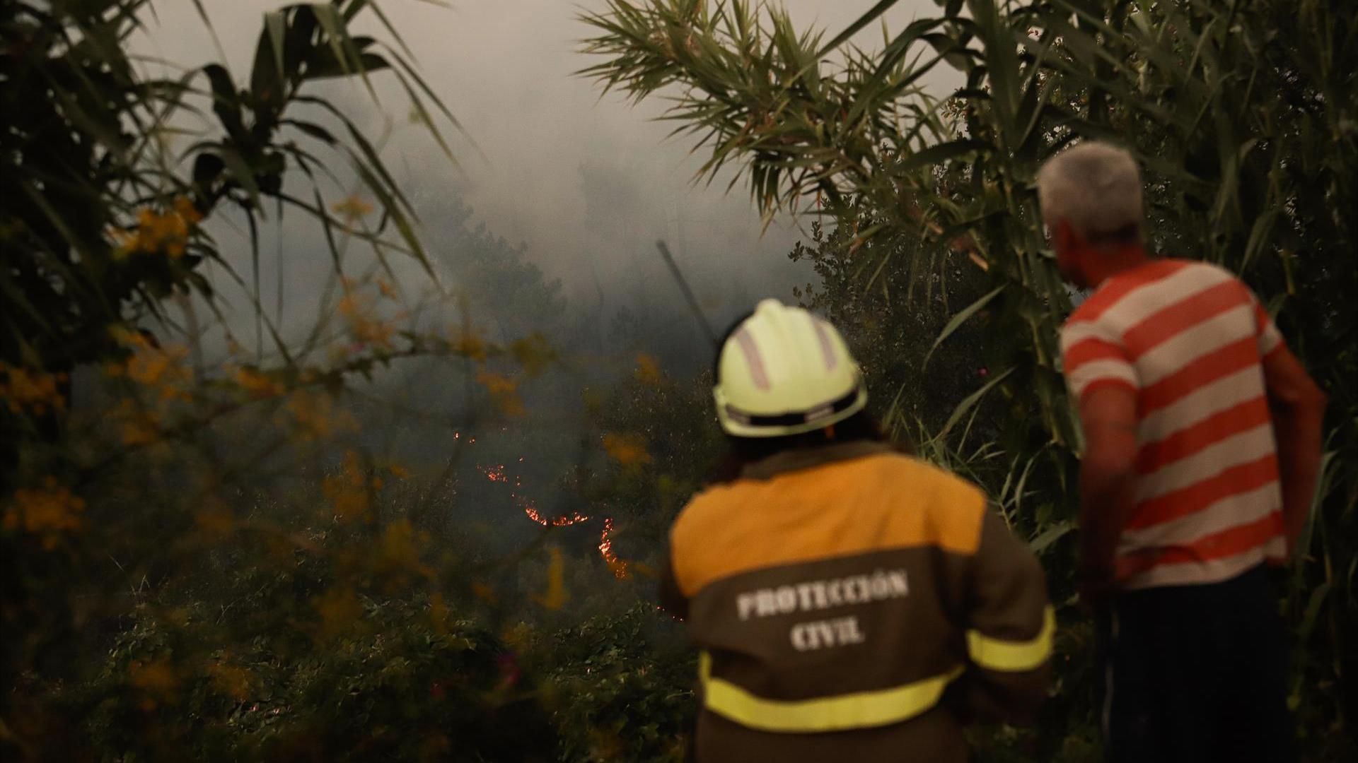 Dos personas observan el fuego, a 29 de julio de 2025, en Arbo, Pontevedra, Galicia. Dos personas observan el fuego, a 29 de julio de 2025, en Arbo, Pontevedra, Galicia.