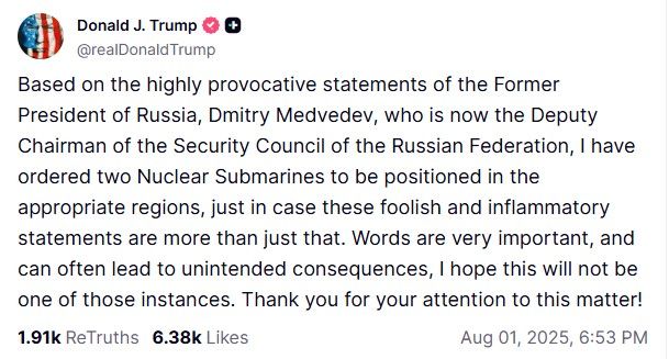 Donald Trump ordena desplegar dos submarinos nucleares por la posición de Rusia