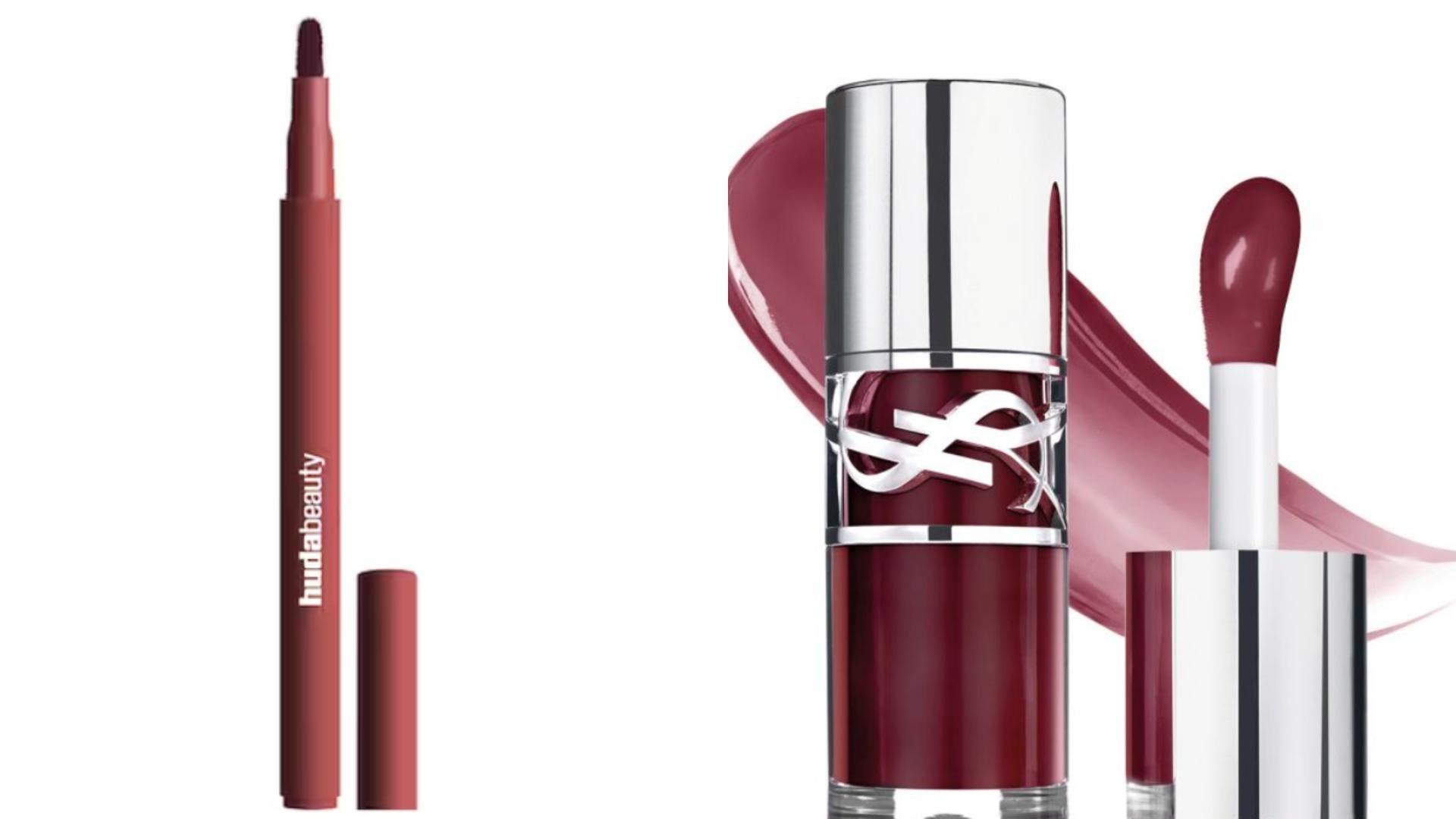 Perfilador Huda Beauty y lip oil YSL, en un montaje de fotos