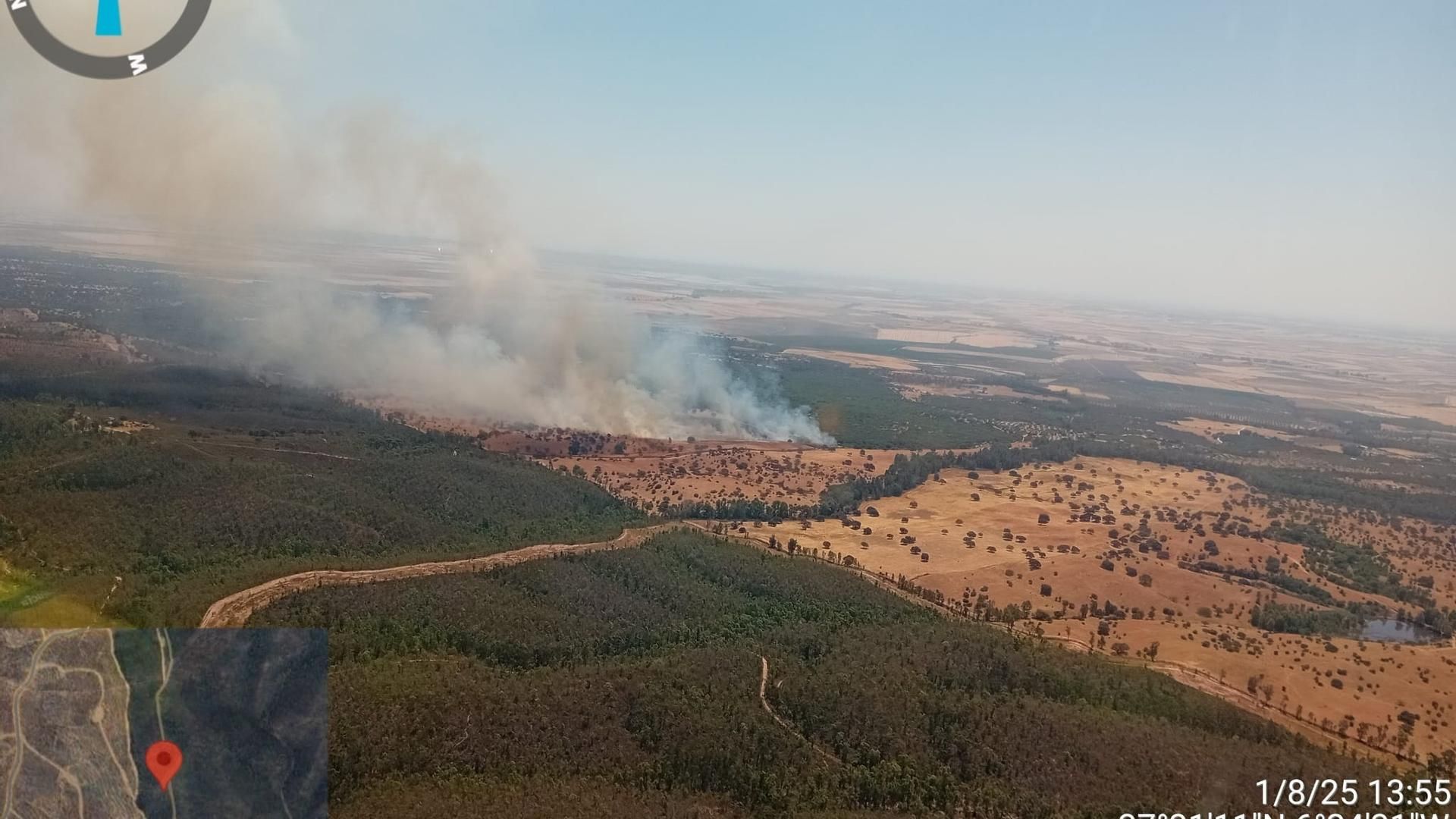Vista aérea de la zona afectada por las llamas en Huelva