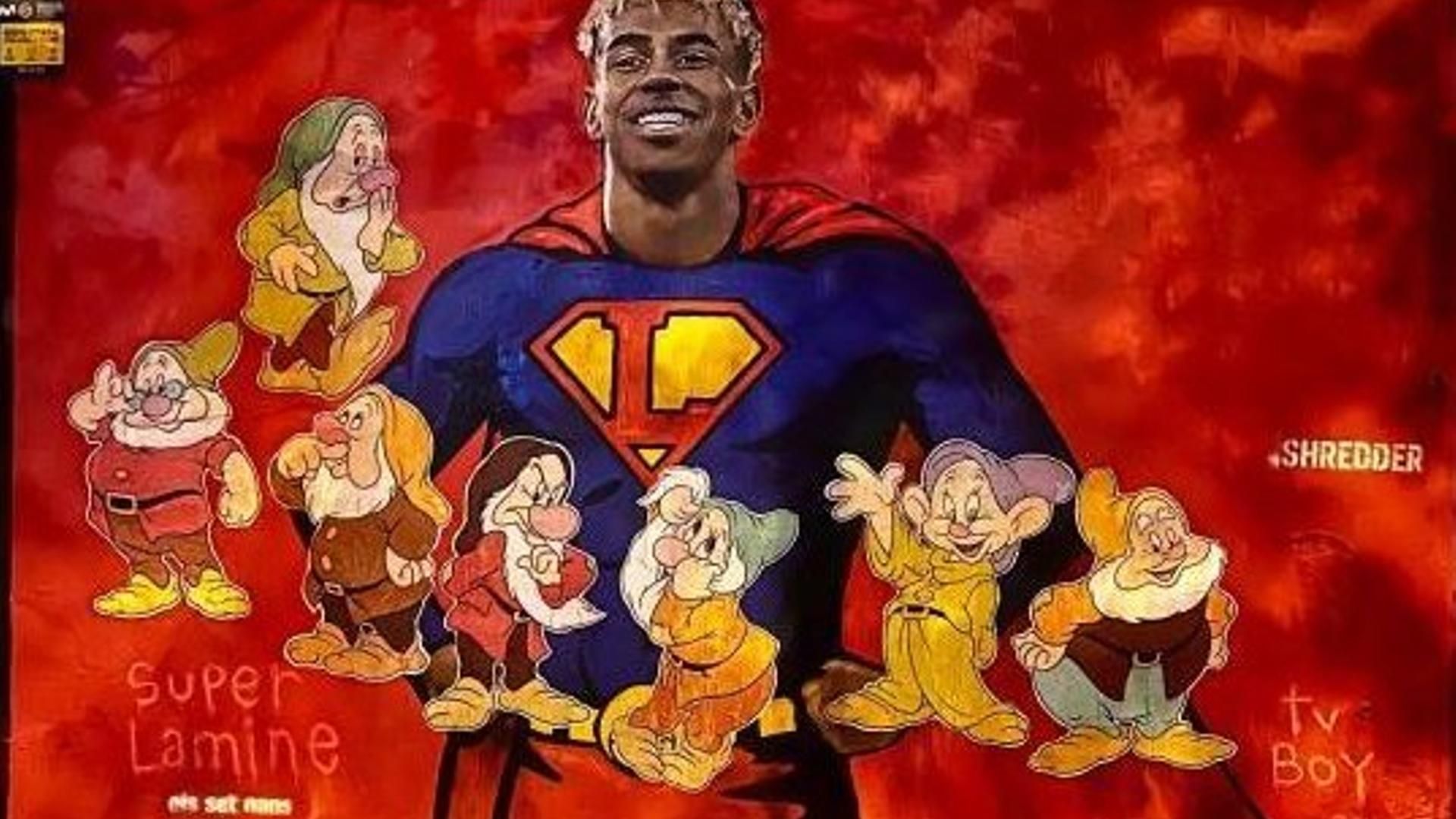 Vandalizan el mural de Lamine Yamal en Barcelona: 'Superman' junto a los siete enanitos de 'Blancanieves'