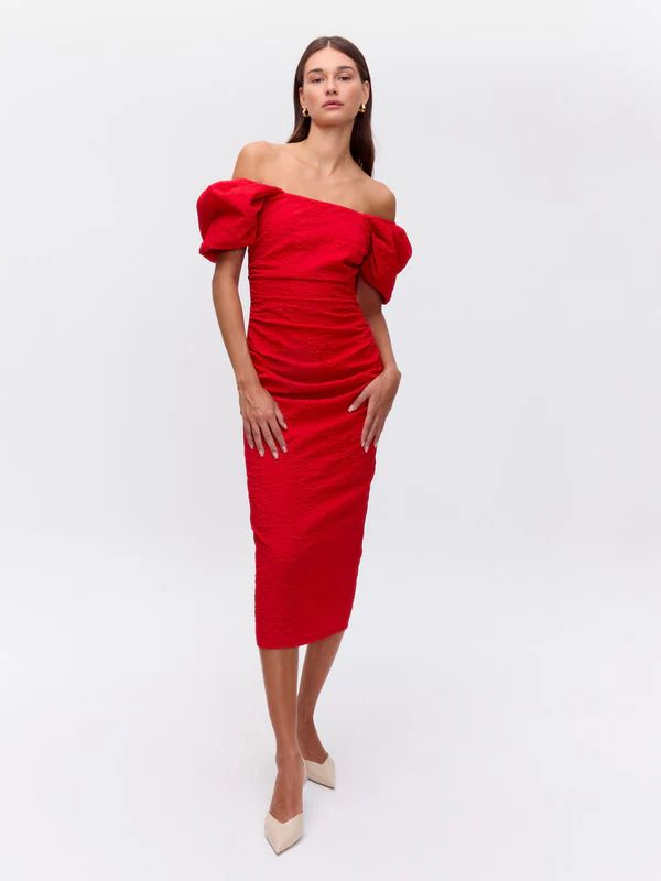 Vestido midi largo rojo invitada de boda y fiesta de Mioh