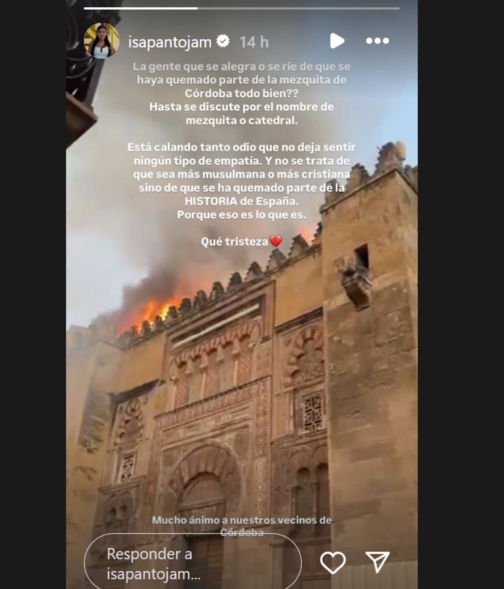 La indignación de Isa Pantoja tras el incendio de ma Mezquita de Córdoba