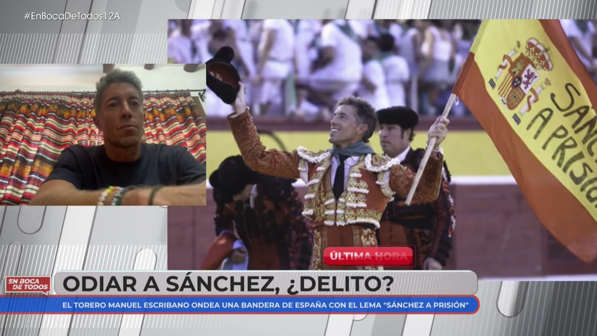 El torero Manuel Escribano, tras ondear una bandera con un mensaje contra Sánchez: "No me di cuenta" El torero Manuel Escribano, tras ondear una bandera con un mensaje contra Sánchez: "No me di cuenta"