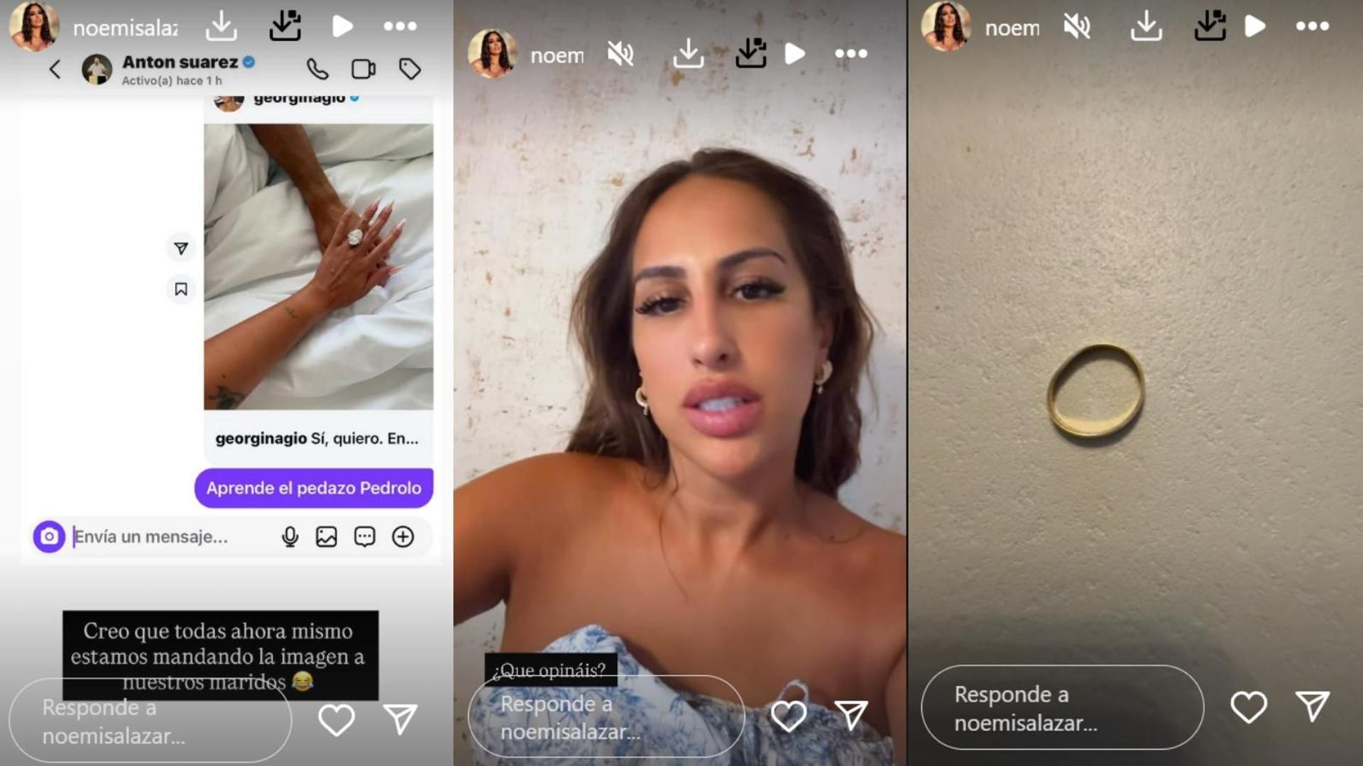 Noemí Salazar enseña su anillo de pedida y el nuevo reclamo que le hace a su marido Antón