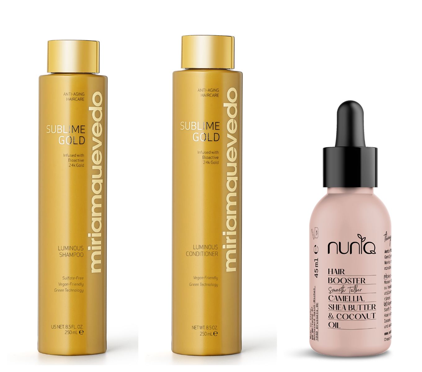 Productos antiencrespamiento: champú y acondicionador de Miriam Quevedo y aceite de Nuniq