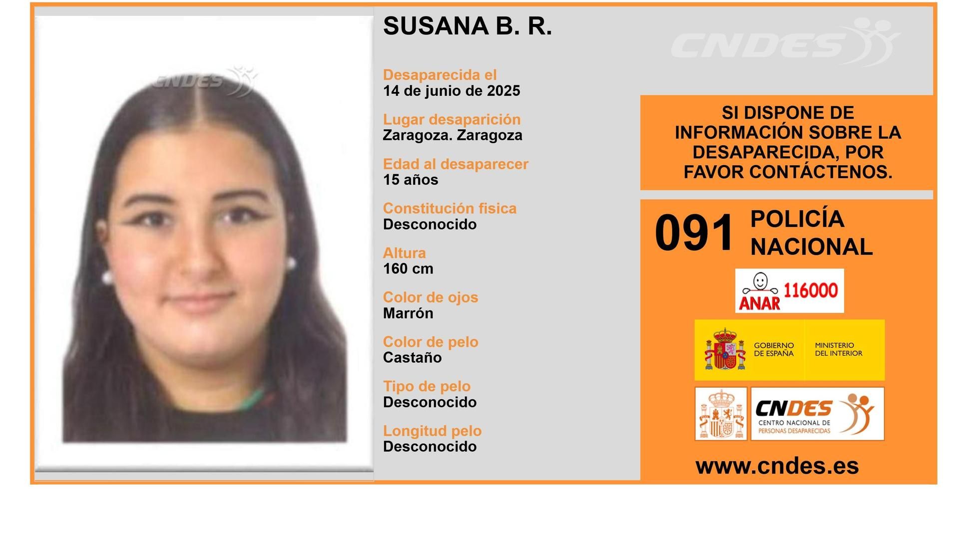 Susana B.R., una menor de 15 años desaparecida en Zaragoza