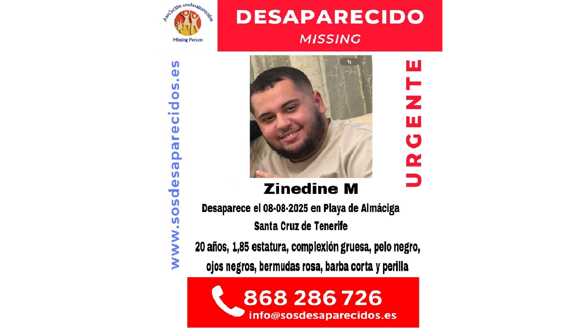 Zinedine M, joven de 20 años desaparecido el 8 de agosto en la playa de Almáciga, en Santa Cruz de Tenerife