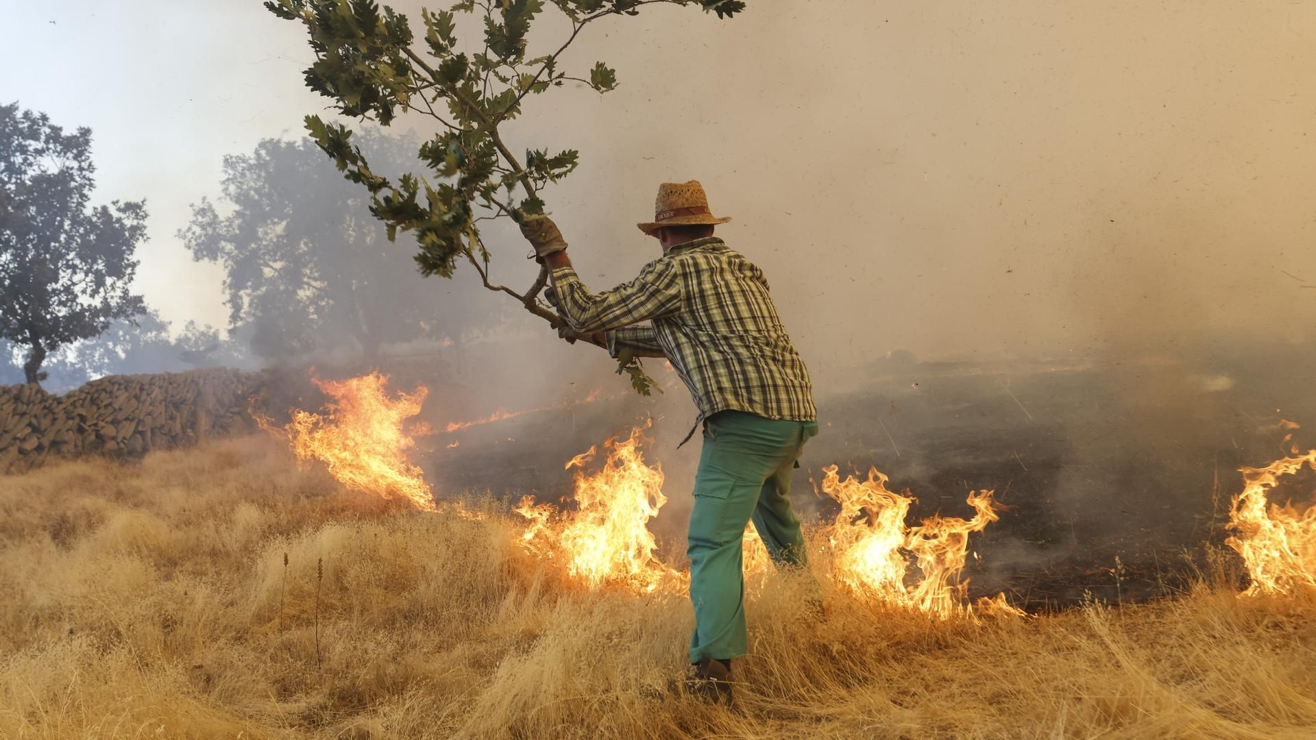 Un voluntario trabaja en la extinción del incendio forestal este viernes, en las proximidades de Cipérez (Salamanca)