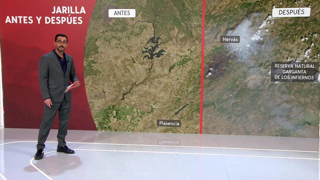 El incendio de Jarillas, en Cáceres, está controlado, pero la destrucción de las llamas se ven a través del satélite