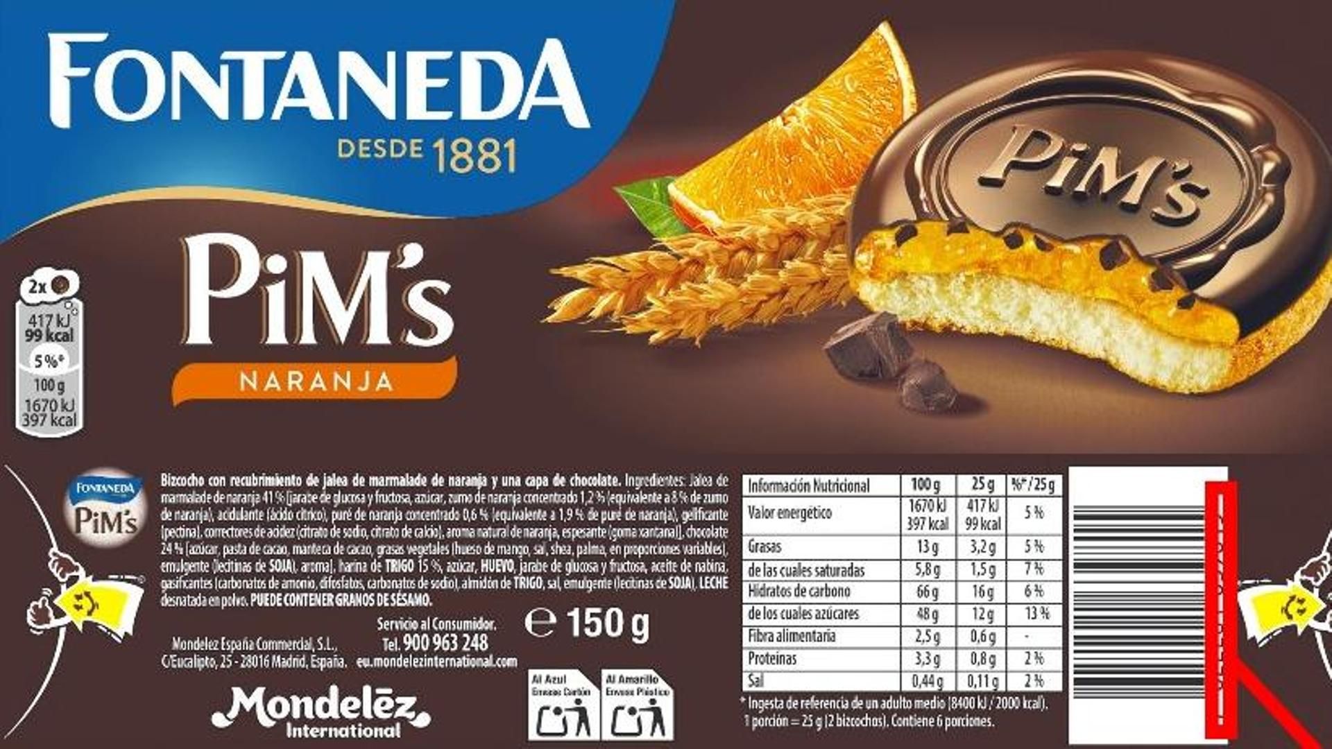 Envoltorio de galletas Pims naranja de Fontaneda afectada por la alerta alimentaria