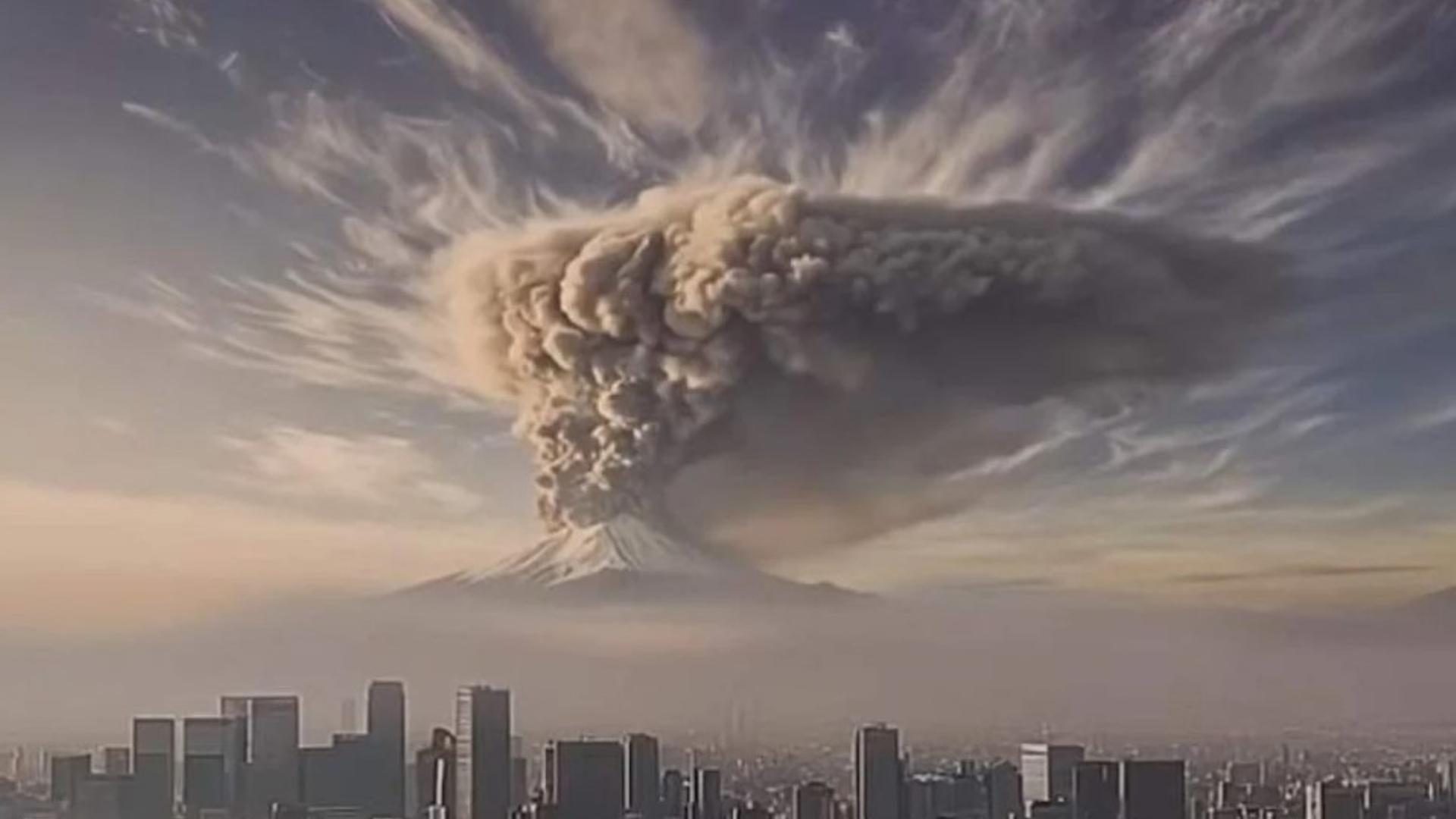 Erupción en el monte Fuji recreada con IA por el Gobierno de Tokio.