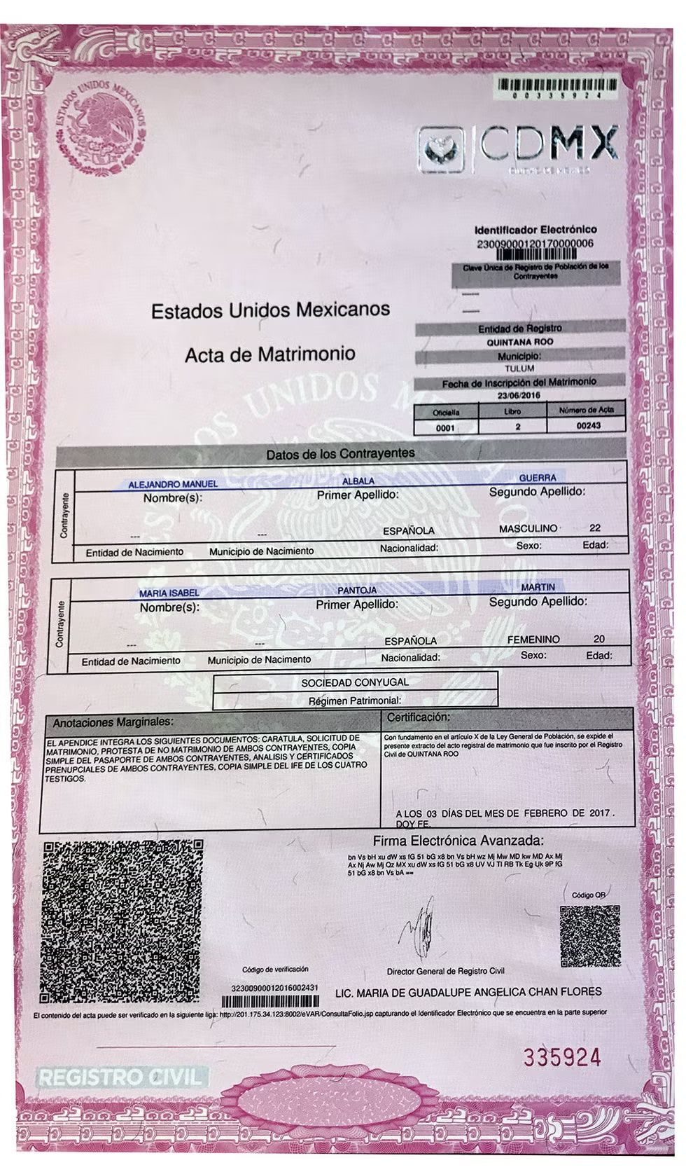 El certificado de matrimonio que acredita su validez legal