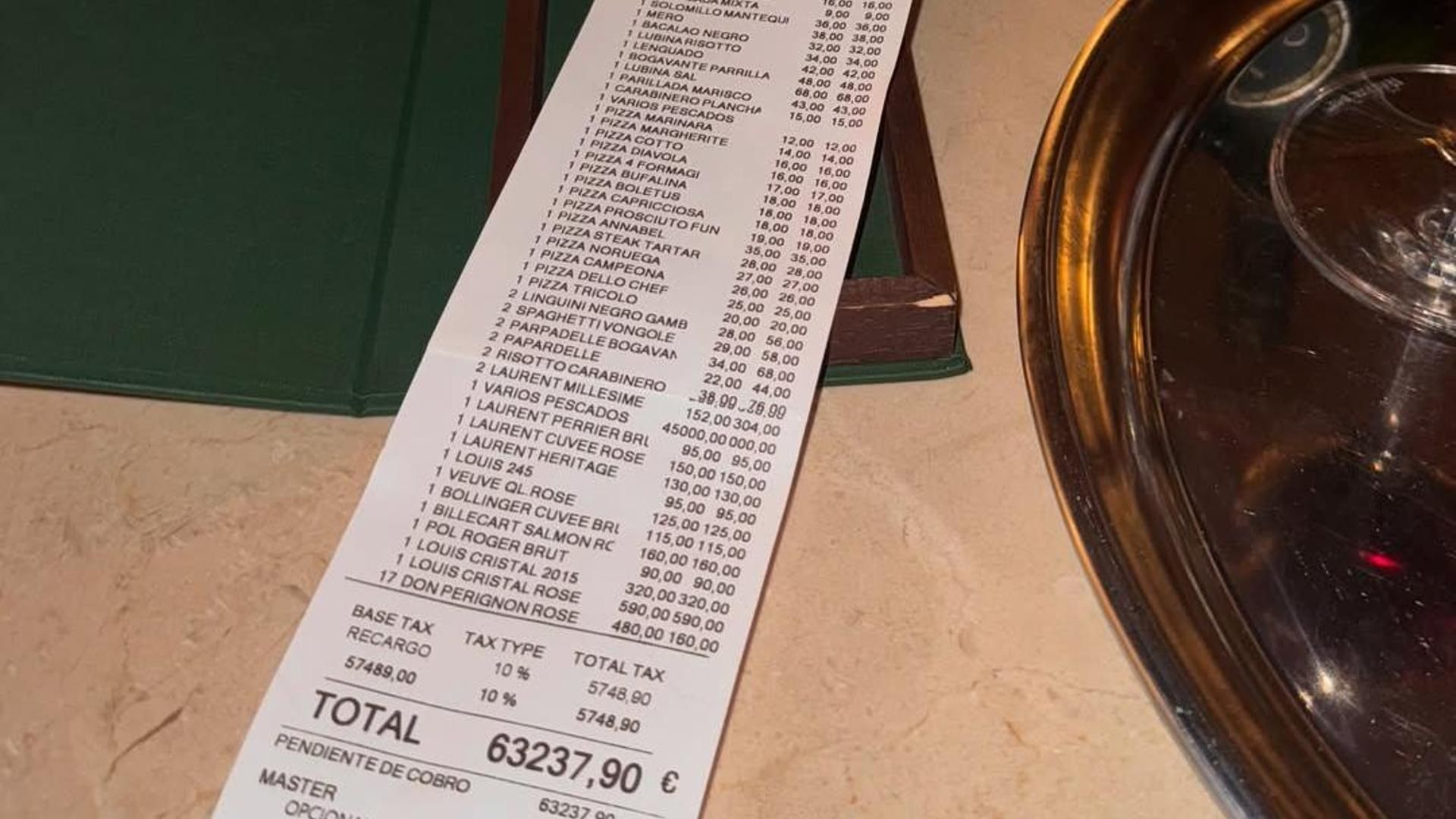 Factura de más de 63.000 euros de 18 comensales compartida por el restaurante Annabel, de Palmanova, Mallorca