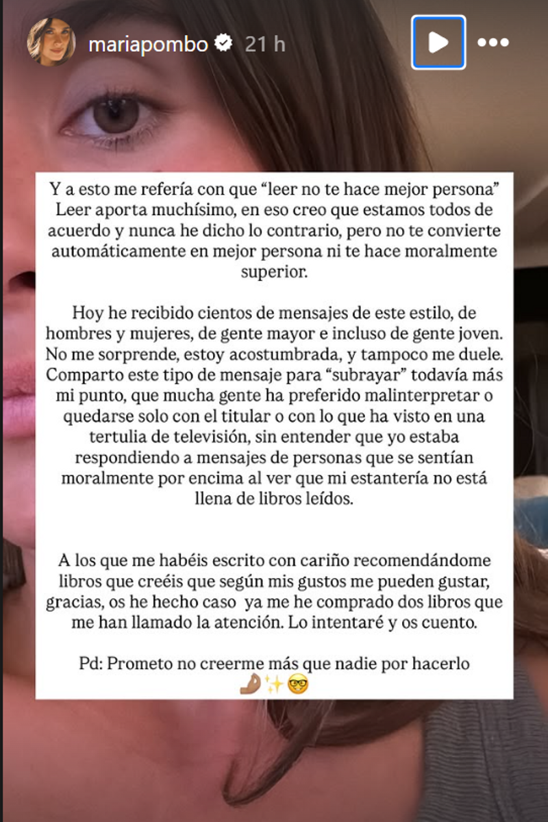 María Pombo aclara sus polémicas palabras sobre la lectura