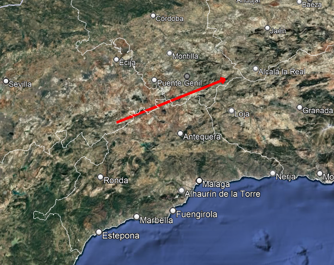 Recorrido que realizó la bola de fuego en Andalucía