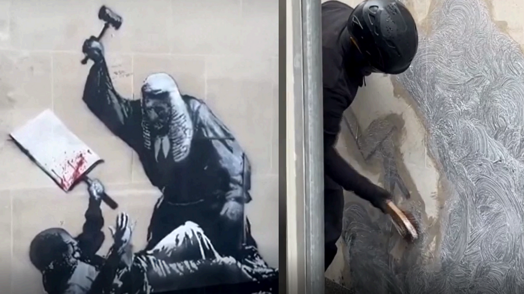 La pintura mostraba a un magistrado con peluca y toga golpeando con un mazo a un manifestante