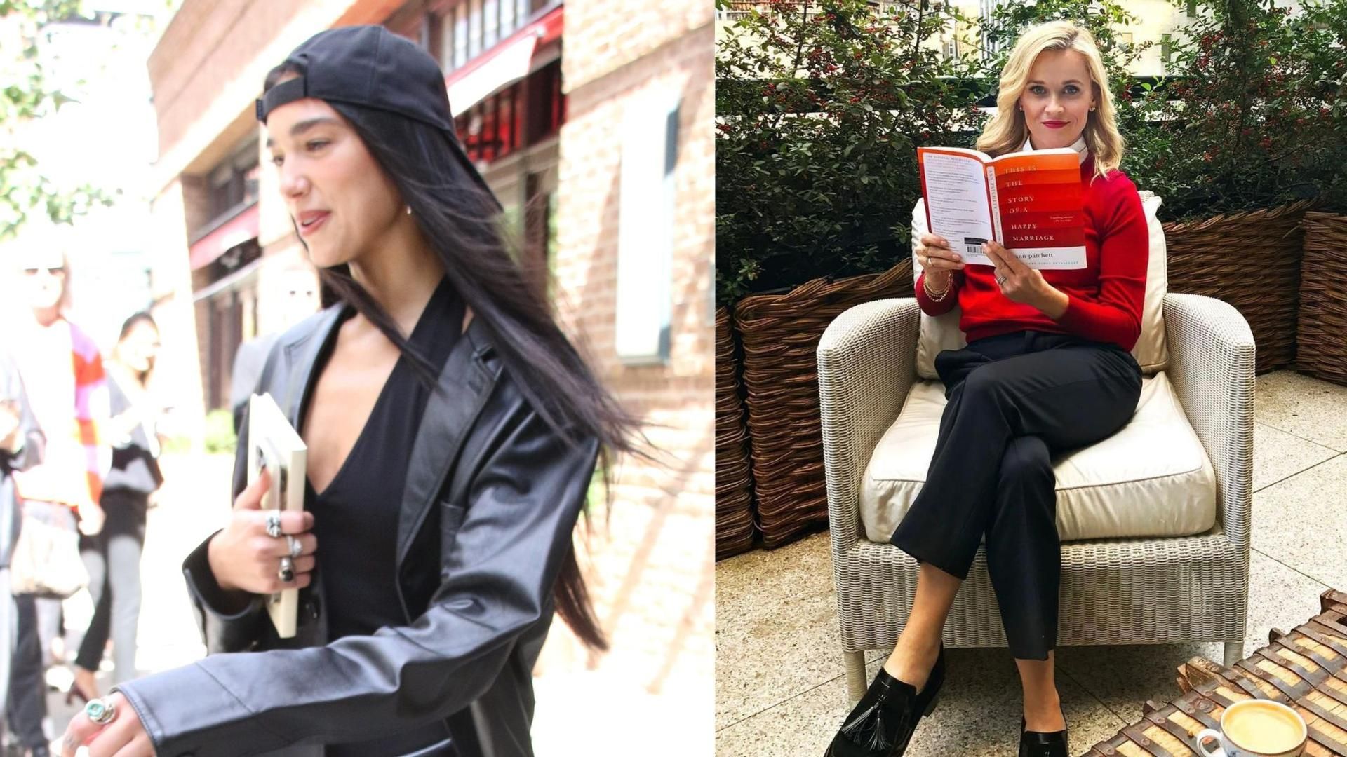 Dua Lipa pasea con un libro y Reese Witherspoon muestra a cámara su lectura