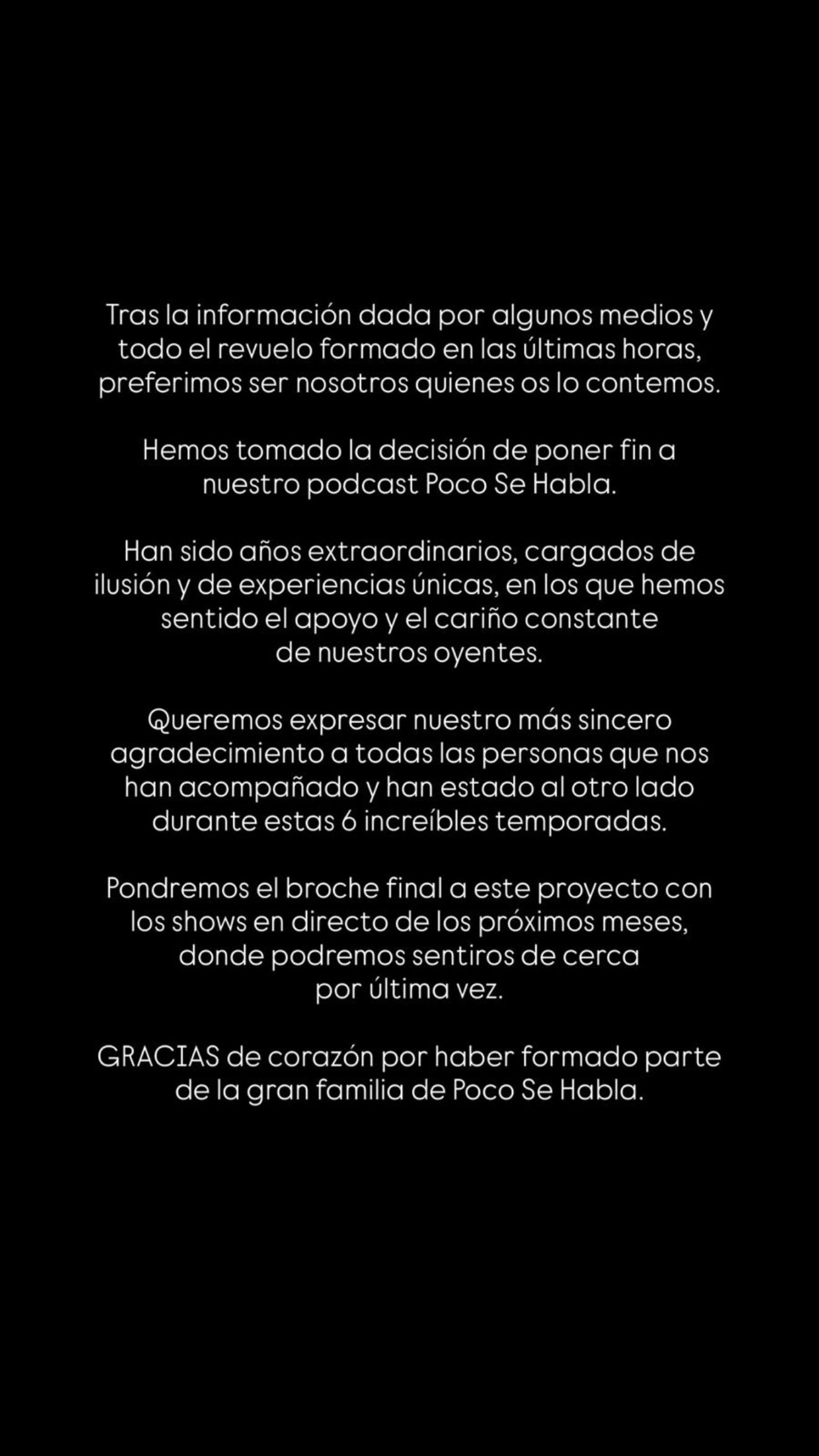 El comunicado con el que Xuso Jones y Ana Brito han anunciado el final de su podcast