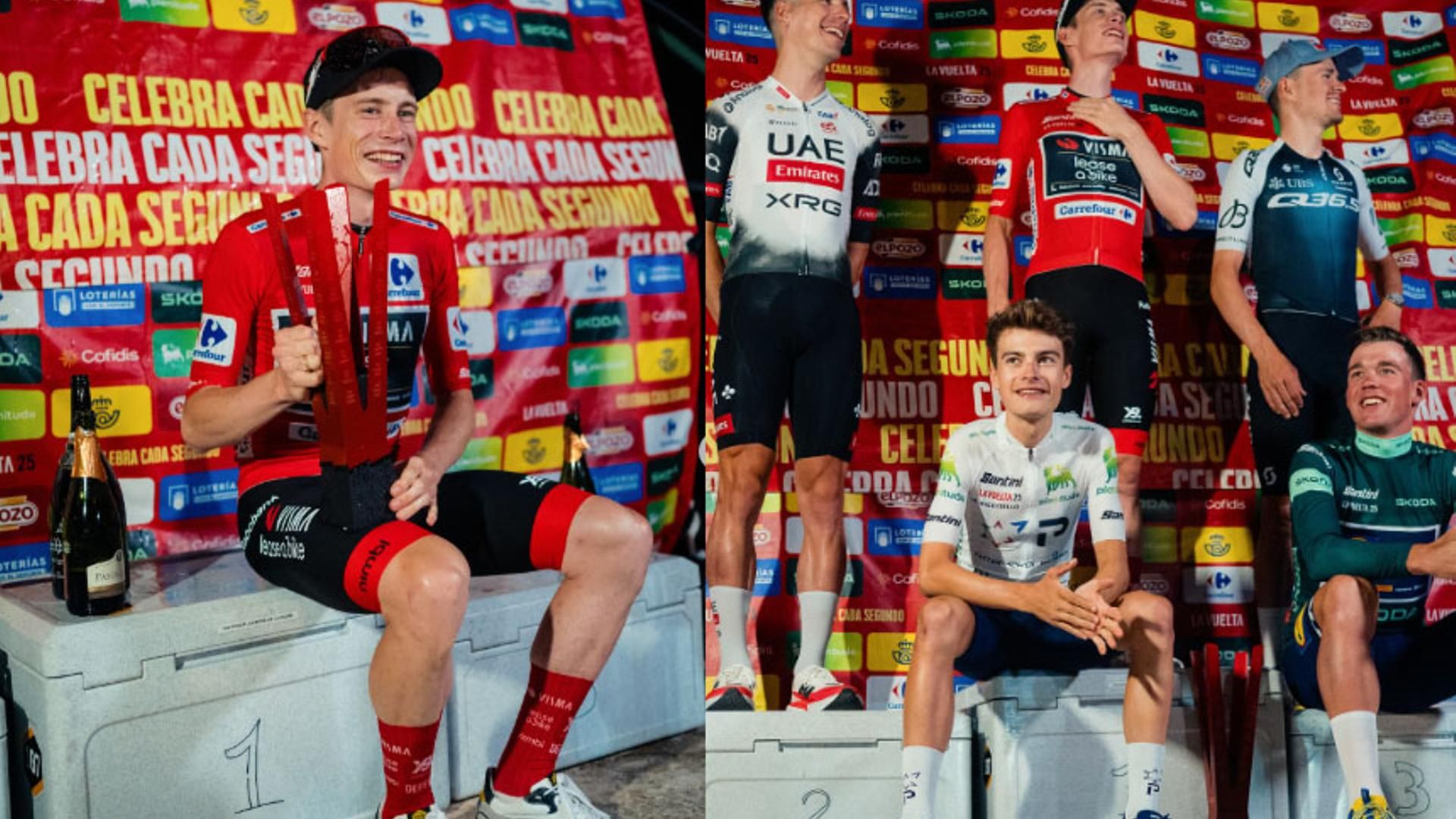 El equipo Visma y su líder Jonas Vingegaard improvisaron un podio sobre neveras portátiles.