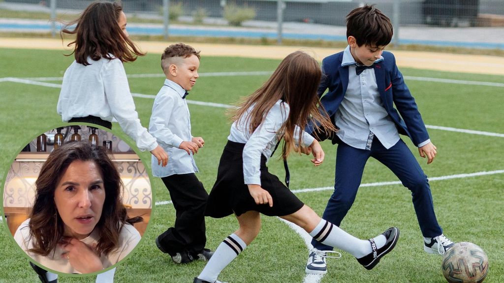 Niños jugando de uniforme y abajo, a la izquierda, Begoña Pérez, 'la Ordenatriz'