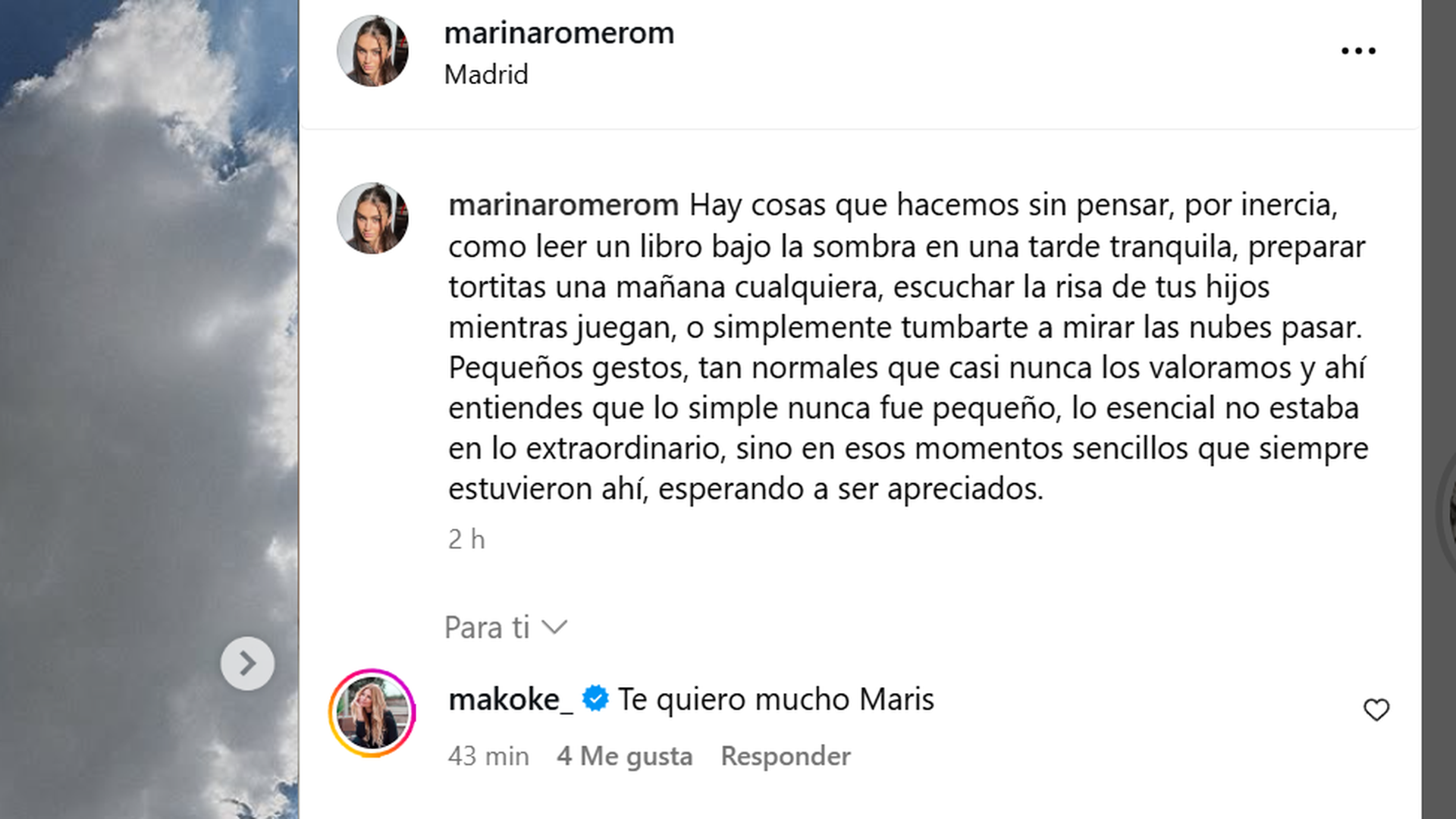 El comentario de Makoke a la publicación de su nuera, Marina Romero