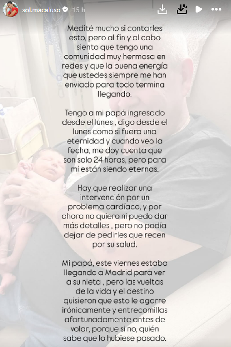 Sol Macaluso revela que tienen que operar a su padre de urgencia