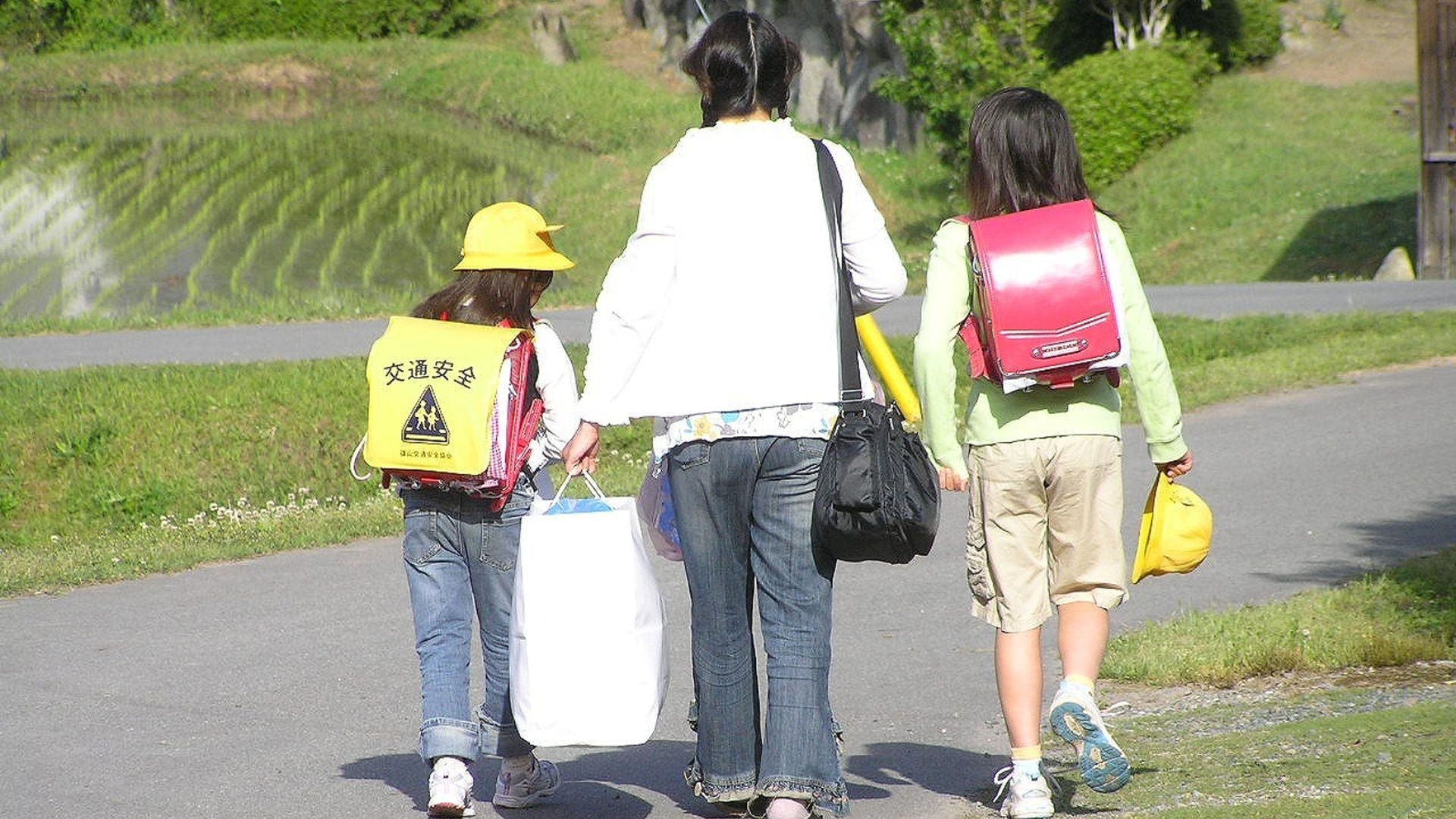 Niños portando mochilas Randoseru