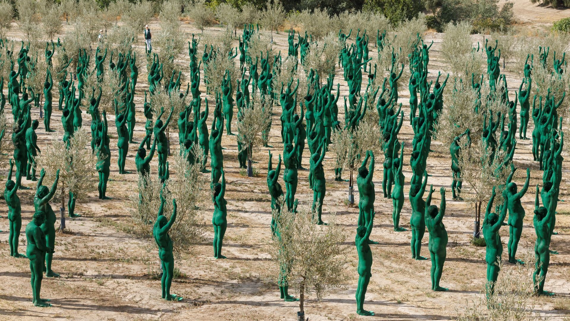 Personas pintadas de verde posan para fotógrafo Spencer Tunick en Granada
