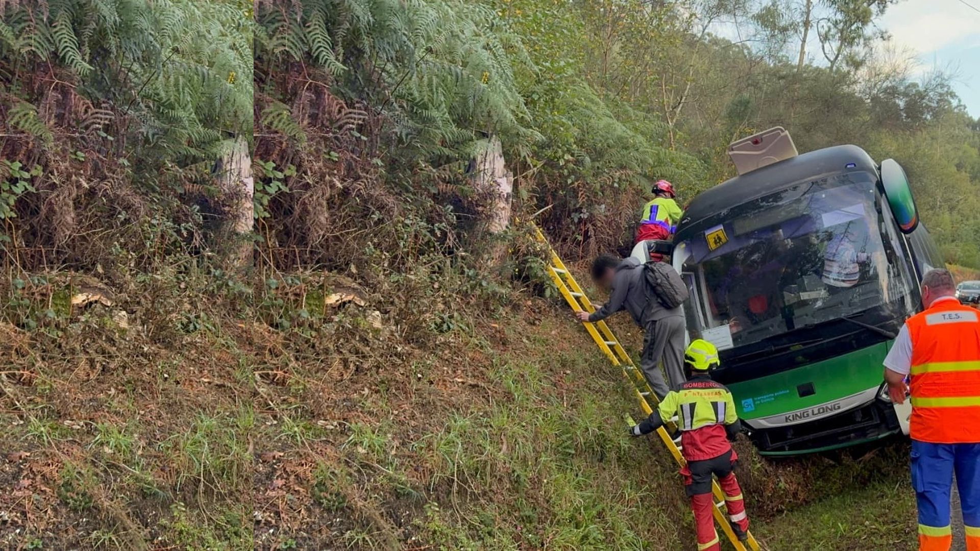 Los pasajeros tuvieron que ser rescatados por el techo del autobus que volcó en Ponteareas