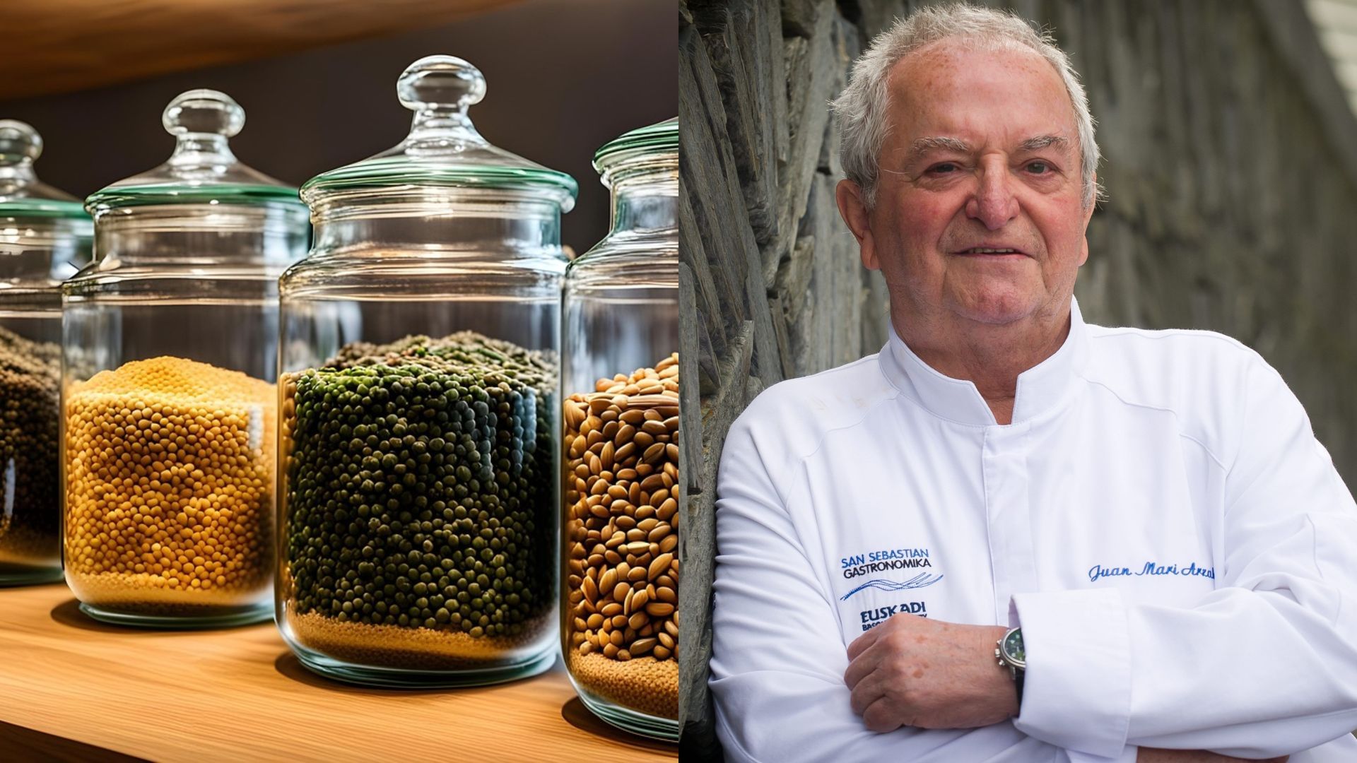 Tarros de legumbres y el cocinero Juan Mari Arzak, en un montaje de fotos