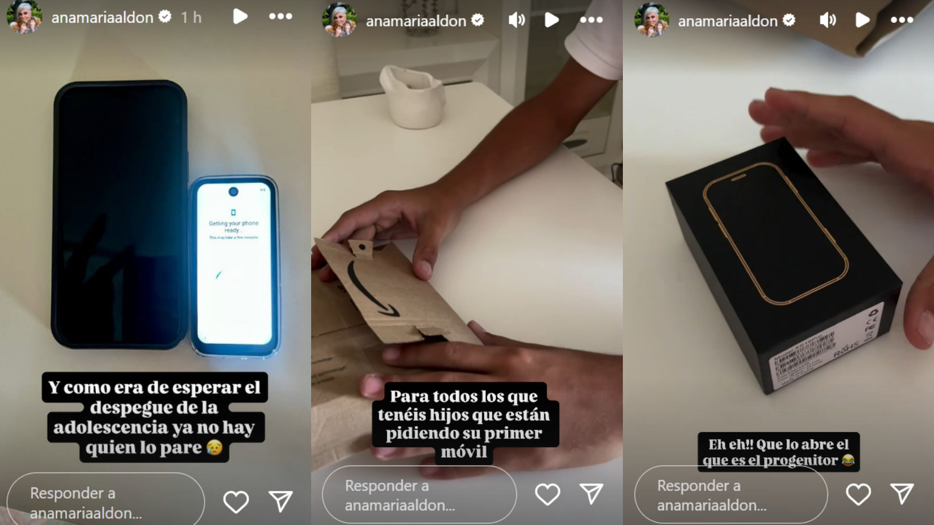 Ana María Aldón enseña el regalo a su hijo