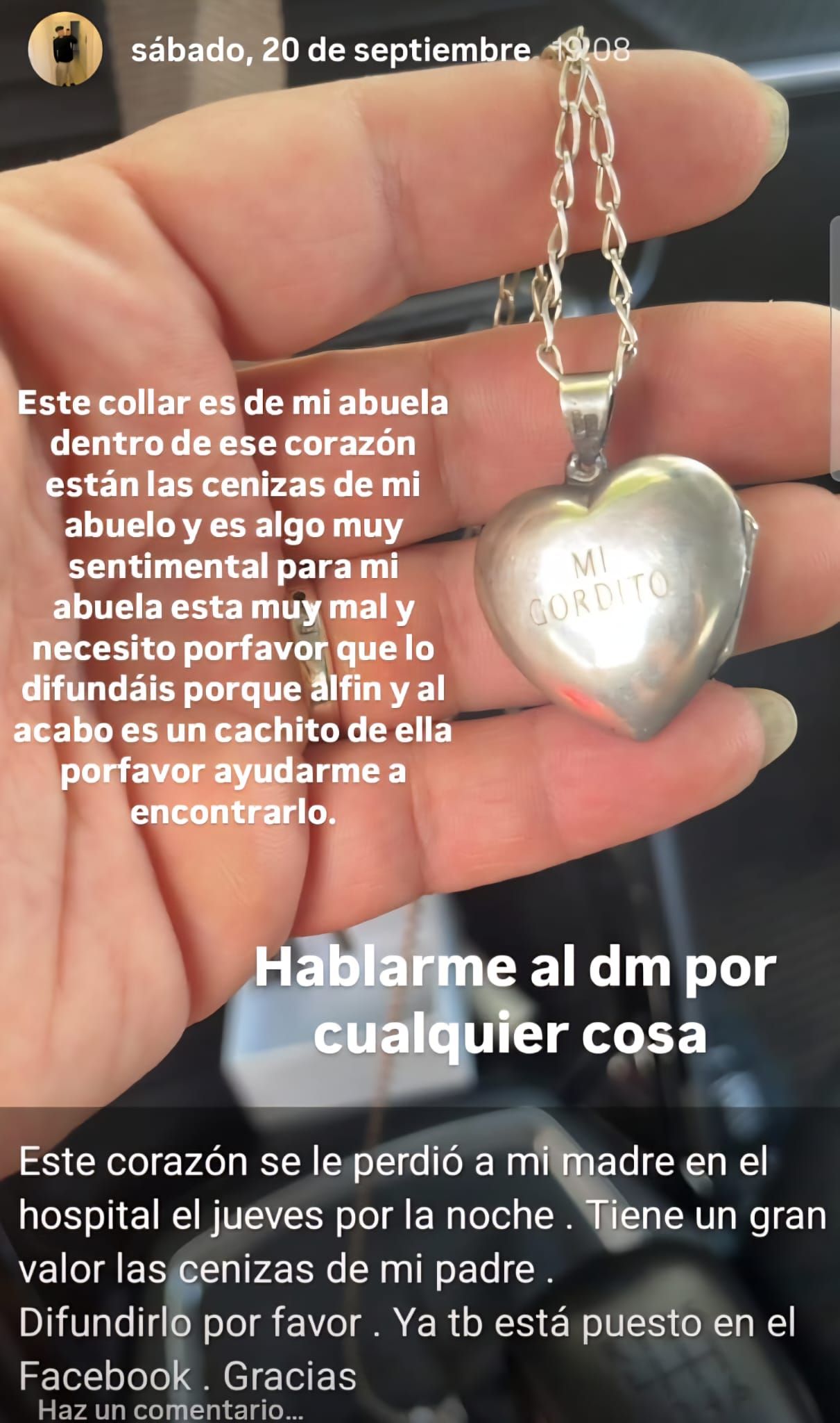 Publicación de Instagram en el que Daniel utilzó el colgante de su madre, identico al de su abuela