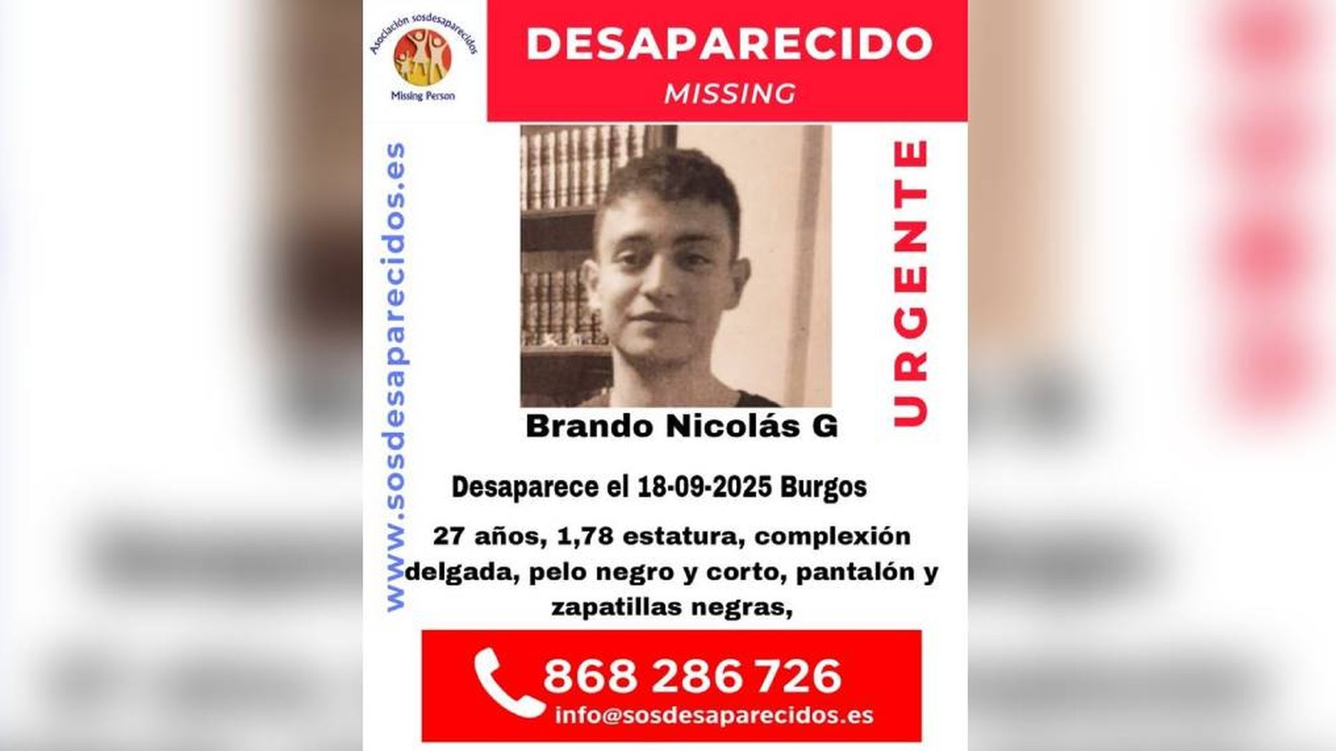 Solicitan ayuda para localizar a Brando Nicolás G., de 27 años, desaparecido en Burgos