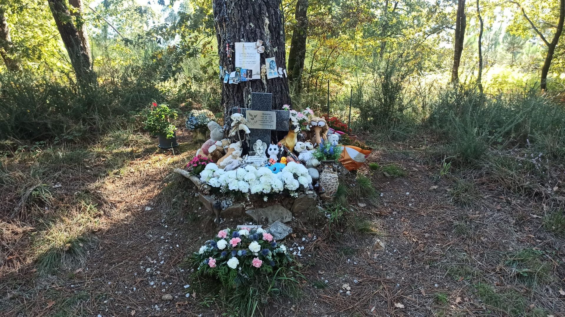 Altar dedicado a Asunta en la pista forestal de Teo donde apareció su cadaver en septiembre de 2013