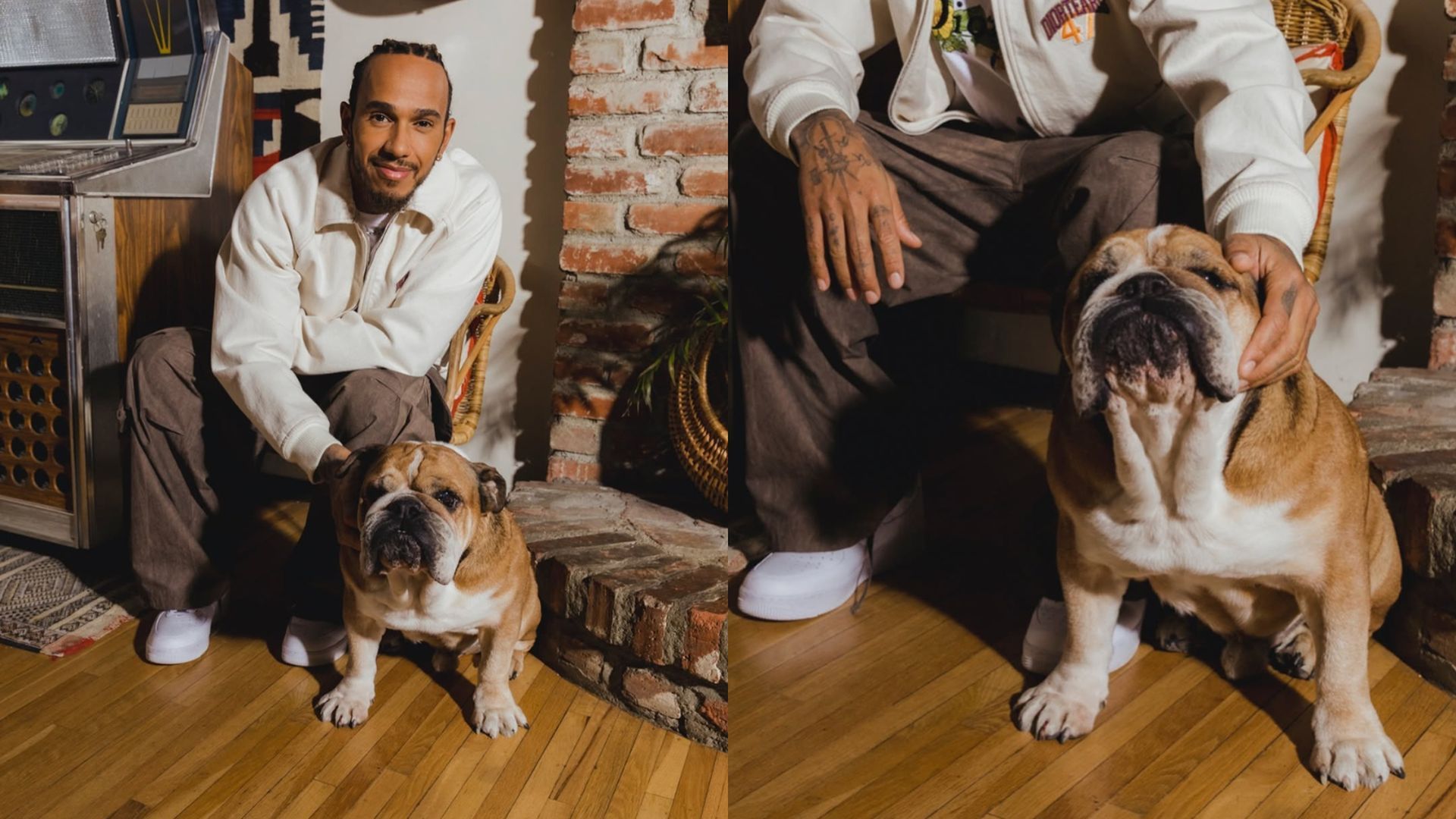 El piloto Lewis Hamilton, junto a su perro