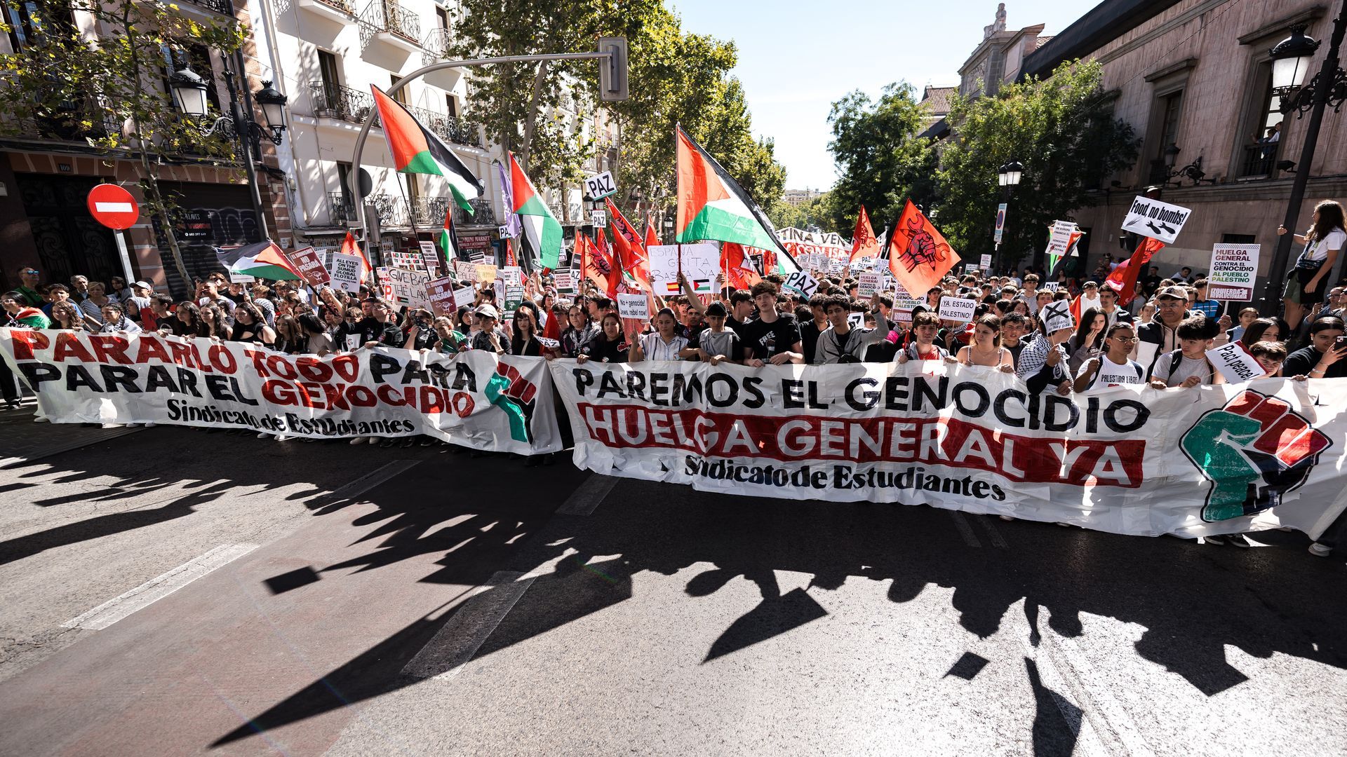 Estudiantes durante una manifestación del sindicato de estudiantes en apoyo al pueblo palestino en Madrid
