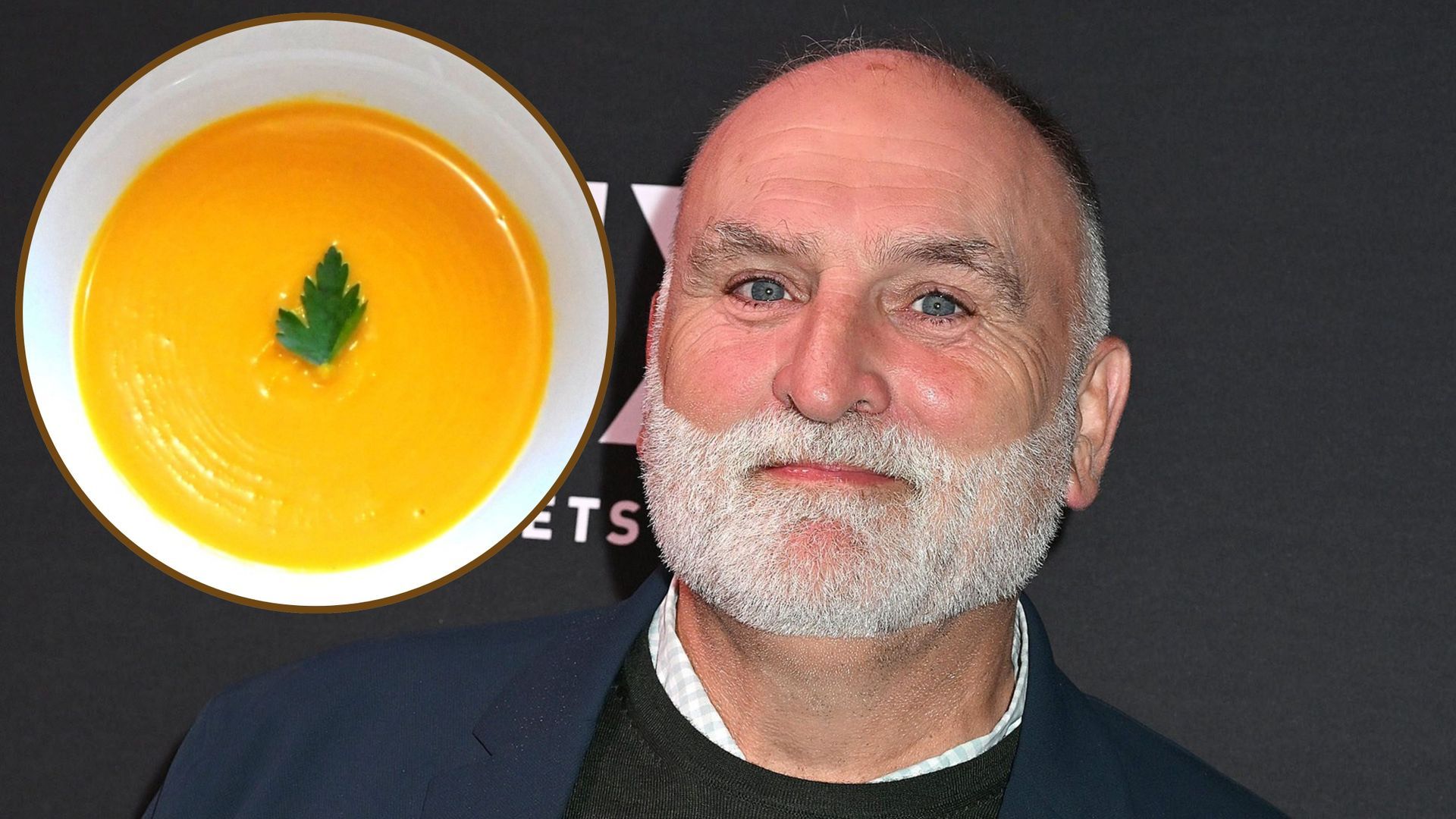José Andrés y, arriba a la izquierda, un plato de crema de calabaza.