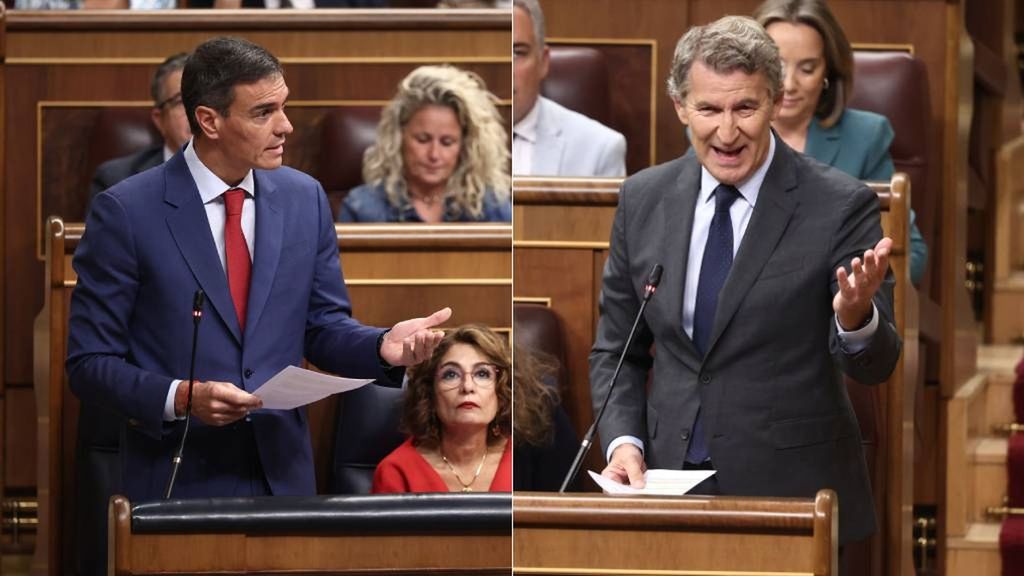 Cara a cara de Pedro Sánchez y Alberto Núñez Feijóo en el Congreso tras el informe de la UCO sobre "chistorras","soles" y "lechugas"