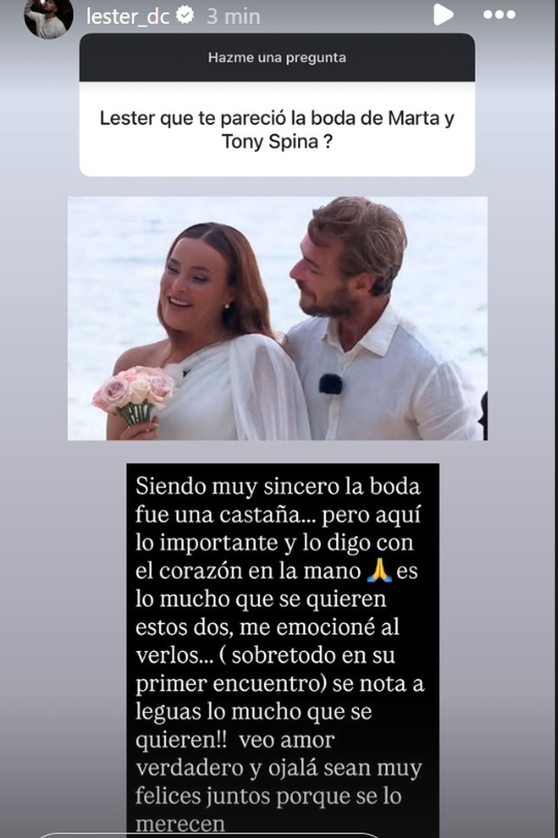 Lester Duque opina de la boda de Marta Peñate y Tony Spina